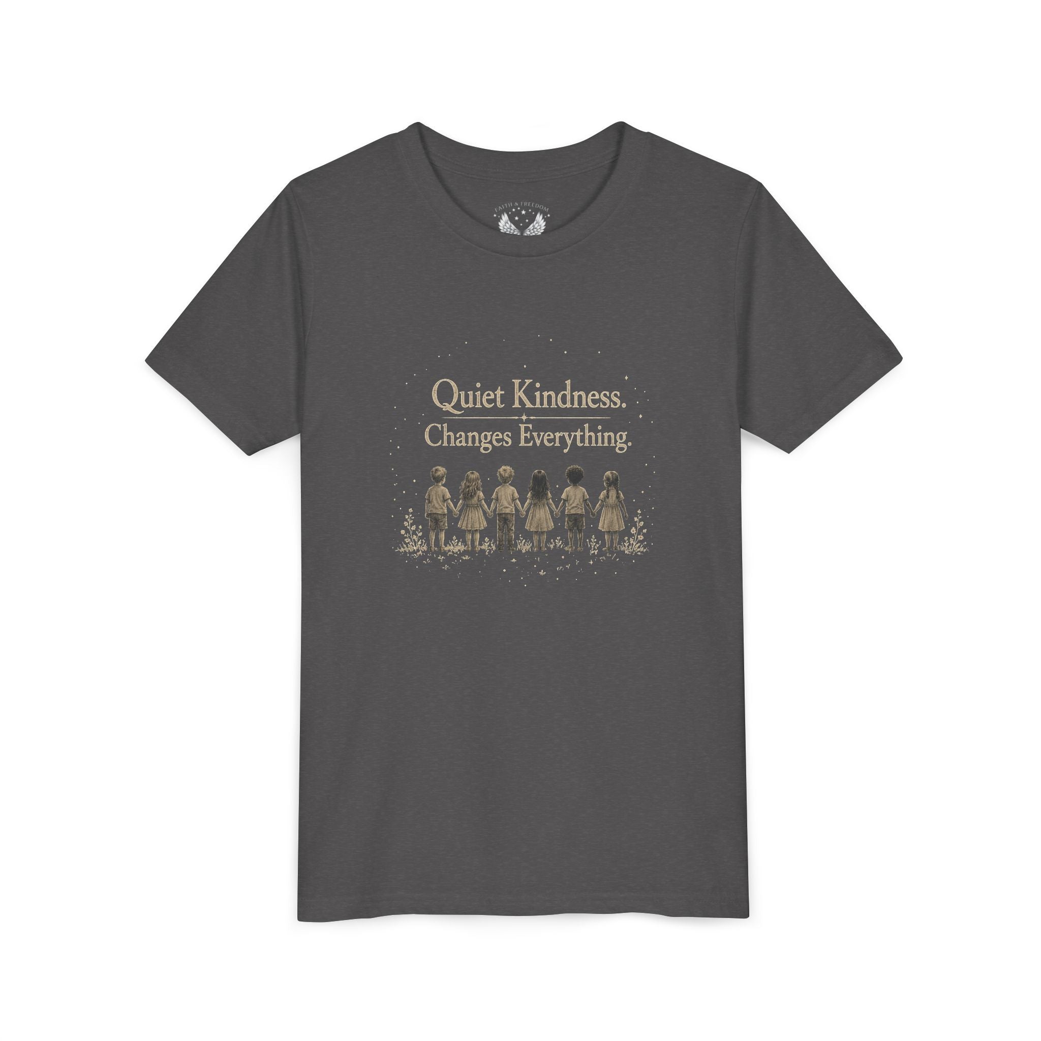 Youth “Quiet Kindness Changes Everything” Tee – Kids Inspirational T-Shirt with Earth & Friends Graphic
