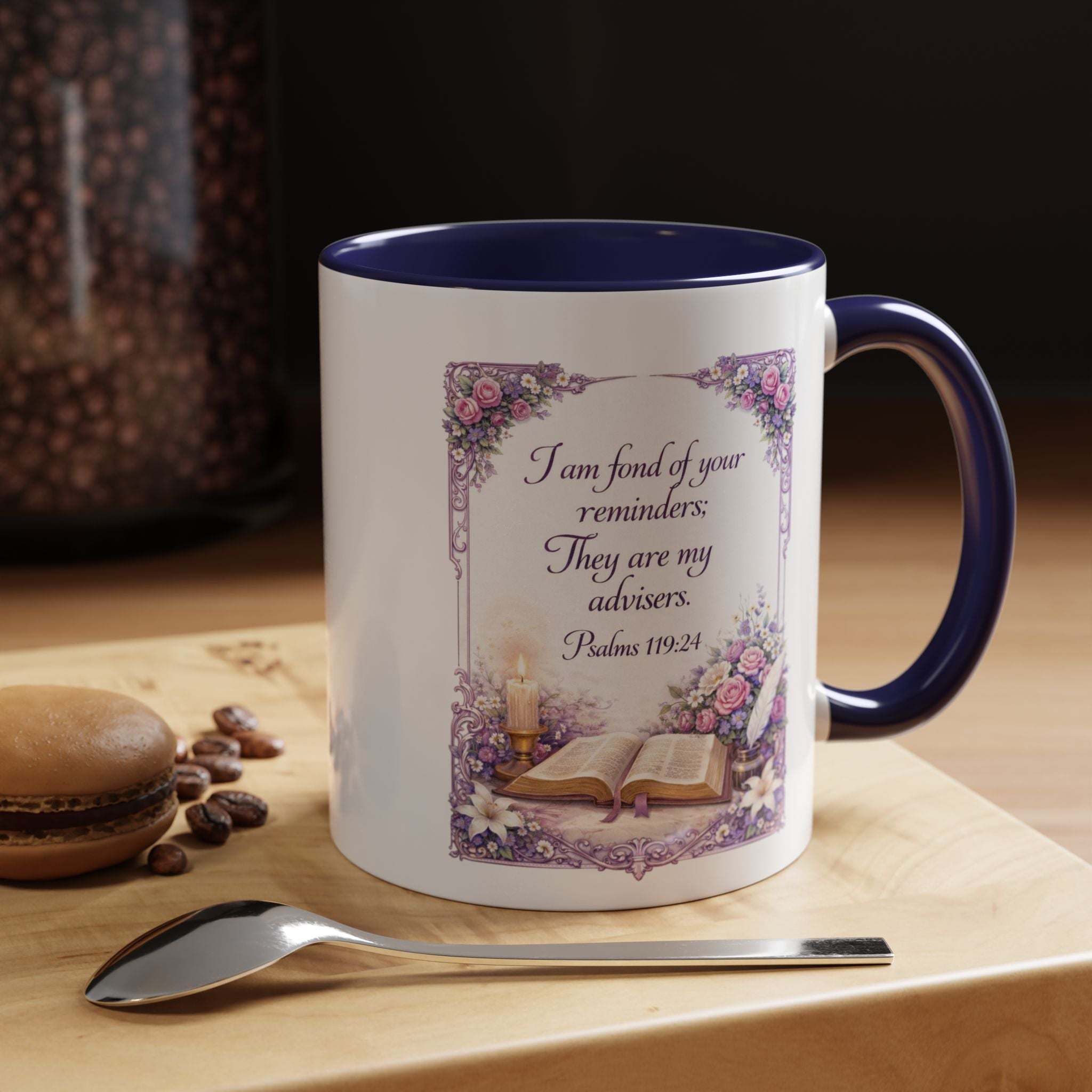 Inspirational Christian ceramic accent coffee mug featuring Psalm 119:24, delicate floral artwork, and the message “I am fond of your reminders” with colorful handle and interior accents.