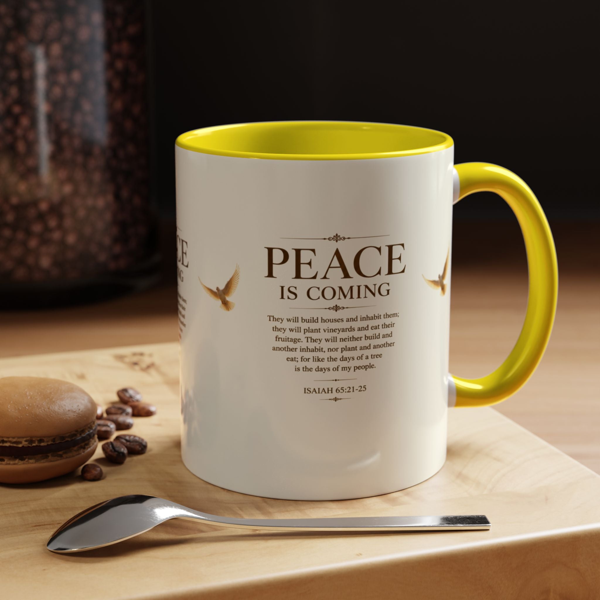 Inspirational Christian accent coffee mug featuring a peaceful dove and Isaiah 65:21-25 scripture with glossy finish and colorful handle and interior.