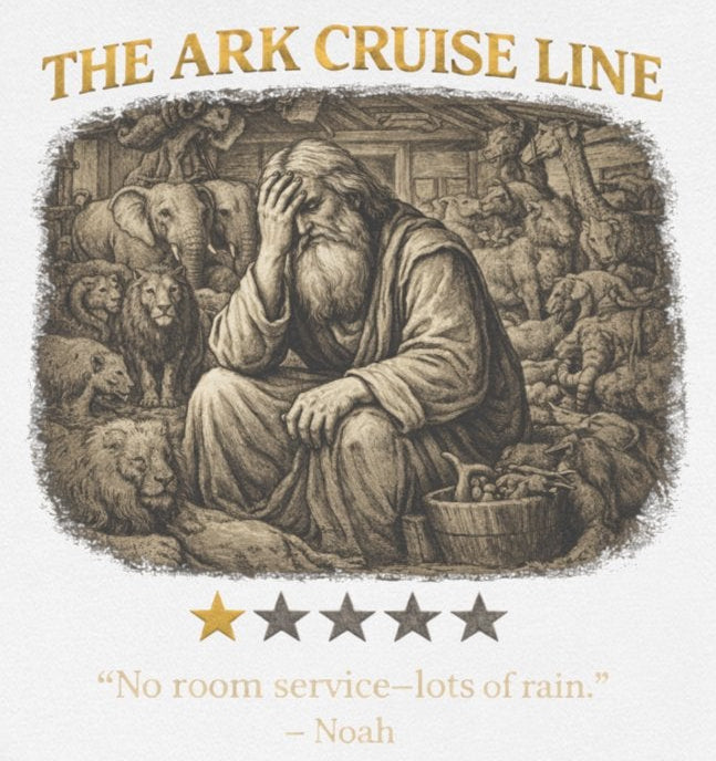 Back view of a white hooded sweatshirt featuring “The Ark Cruise Line” in gold lettering above a vintage illustration of Noah surrounded by animals aboard the ark. Below the artwork is a one-star rating and the playful quote, “No room service—lots of rain.” The design combines biblical storytelling with lighthearted humor in the signature Five-Star Faith Series™ style.