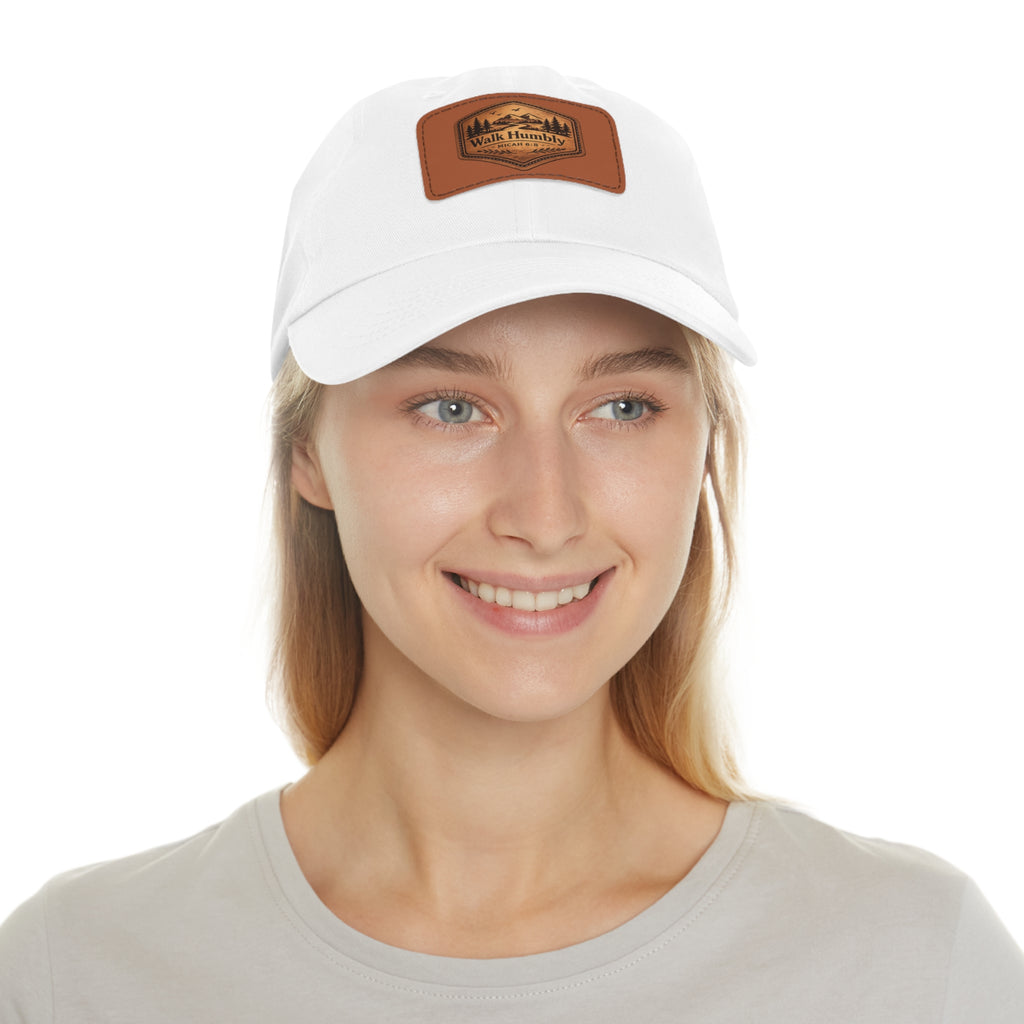 Vintage-inspired Christian dad hat featuring a faux leather “Walk Humbly” Micah 6:8 patch with rustic outdoor styling and antique brass buckle closure.