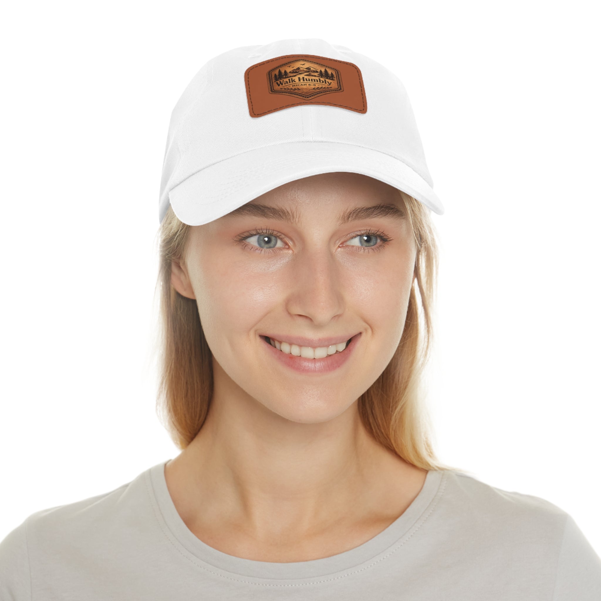 Vintage-inspired Christian dad hat featuring a faux leather “Walk Humbly” Micah 6:8 patch with rustic outdoor styling and antique brass buckle closure.
