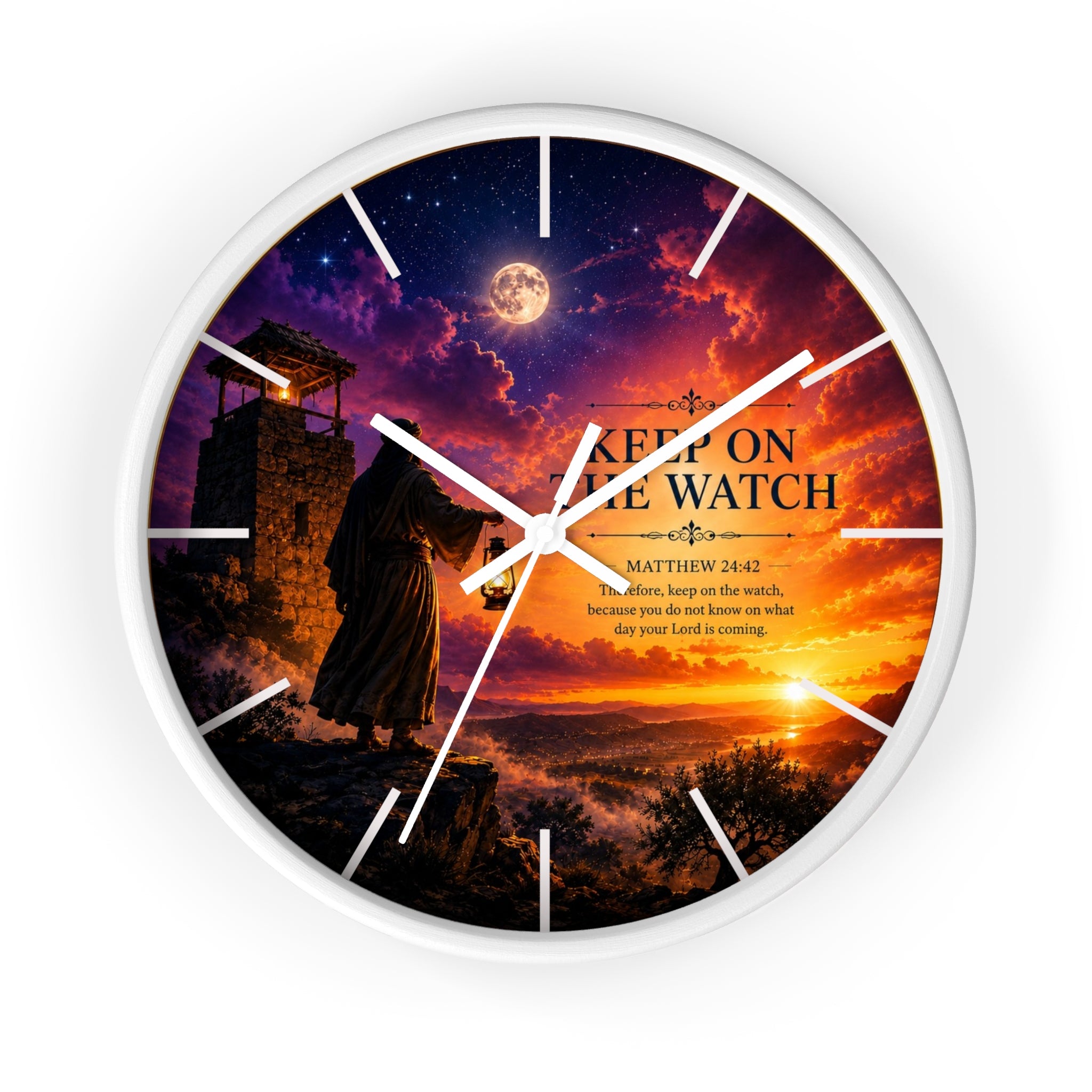 Inspirational Christian wall clock featuring a lone watchman beneath dramatic sunset skies with Matthew 24:42 scripture and rich orange and purple twilight tones.