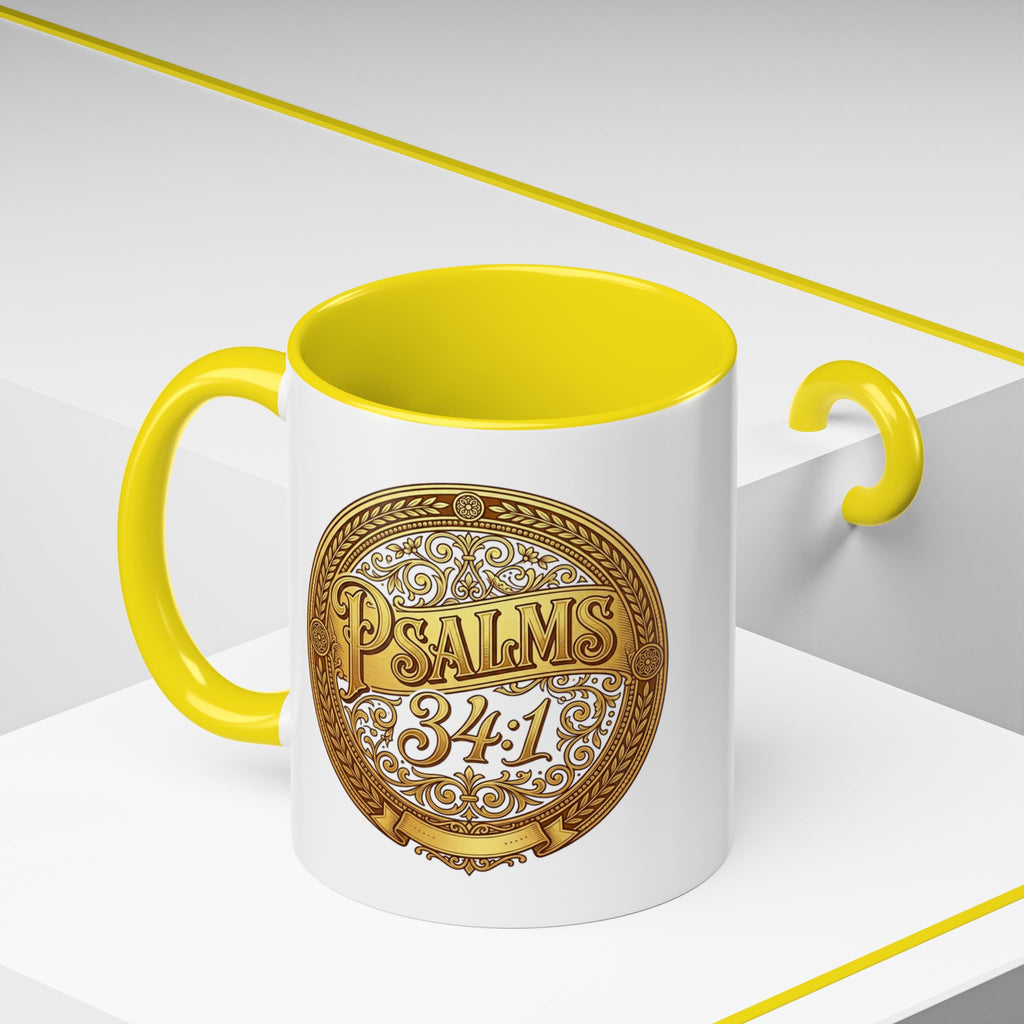 Inspirational Christian ceramic accent coffee mug featuring Psalm 34:1 in an ornate gold medallion design with colorful handle and interior accents.