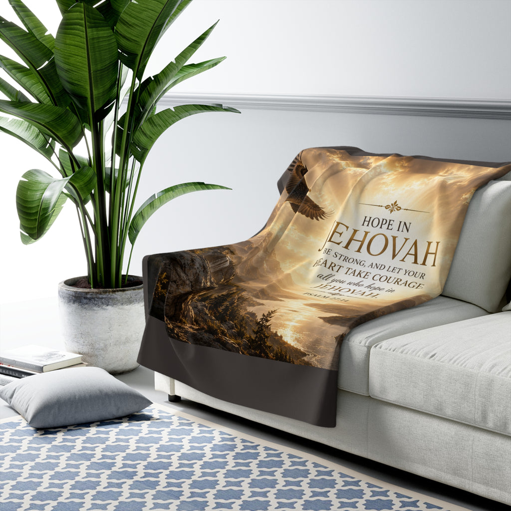 Inspirational Christian sherpa fleece blanket featuring a soaring eagle, golden river landscape, and Psalm 27:14 scripture about hoping in Jehovah.