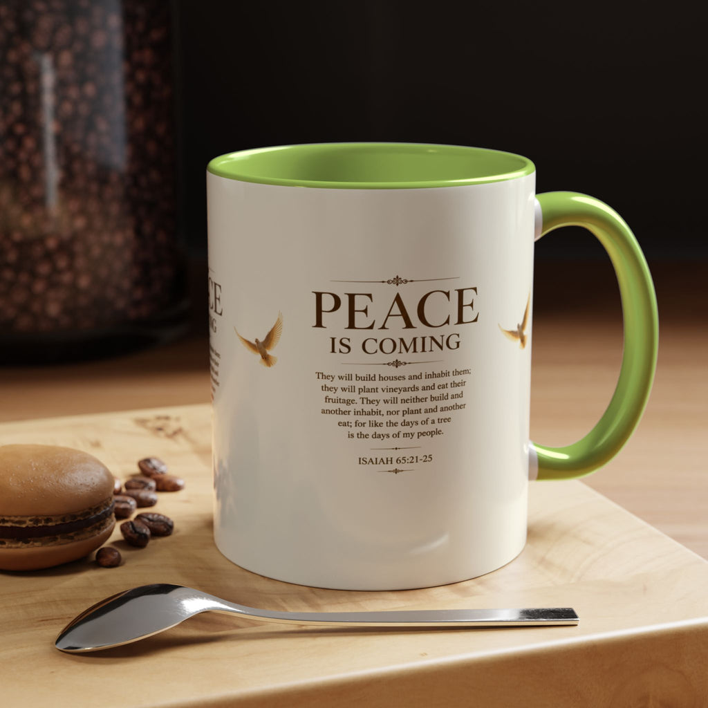 Inspirational Christian accent coffee mug featuring a peaceful dove and Isaiah 65:21-25 scripture with glossy finish and colorful handle and interior.