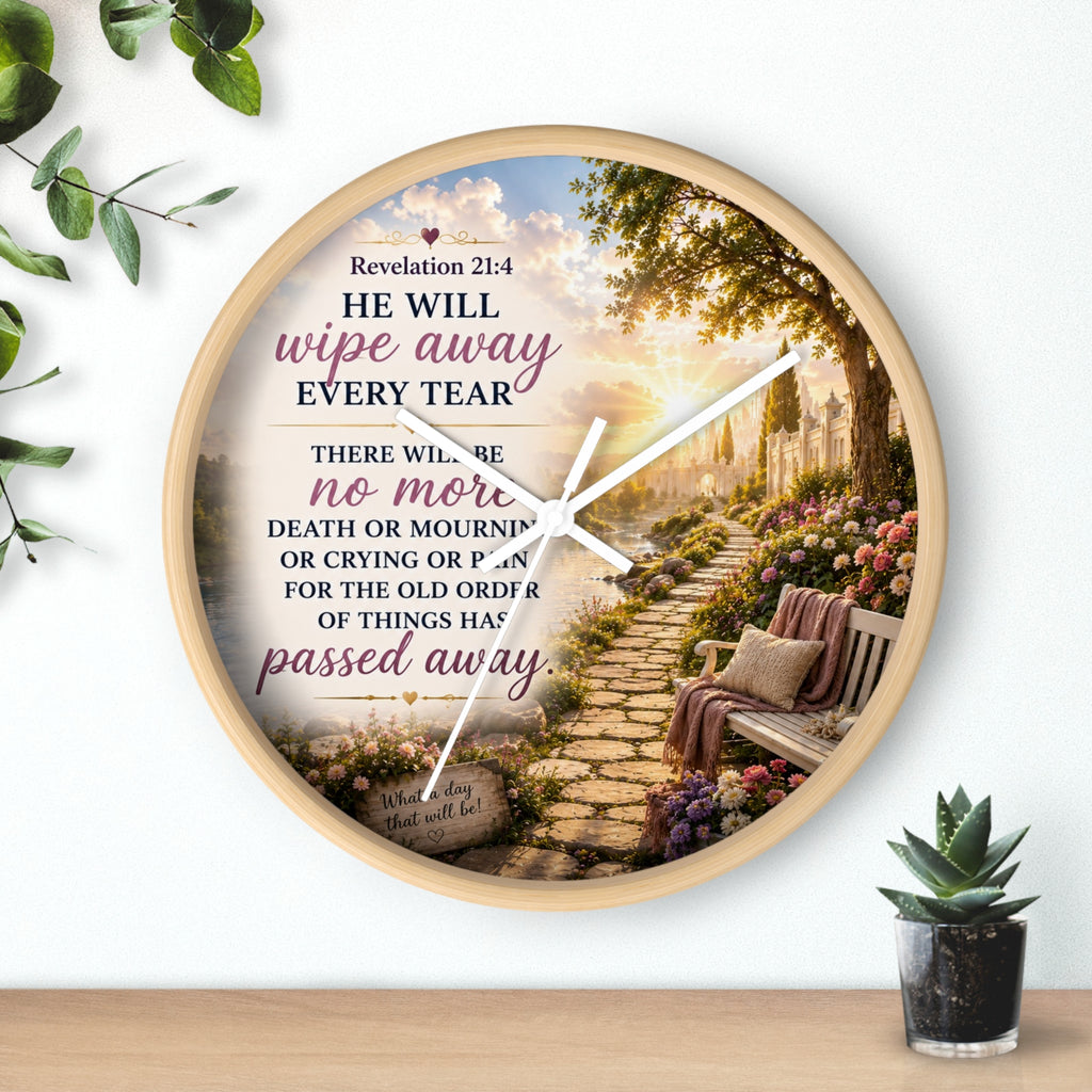 Revelation 21:4 Wall Clock | Christian Prayer Garden Decor | Inspirational Silent Wall Clock