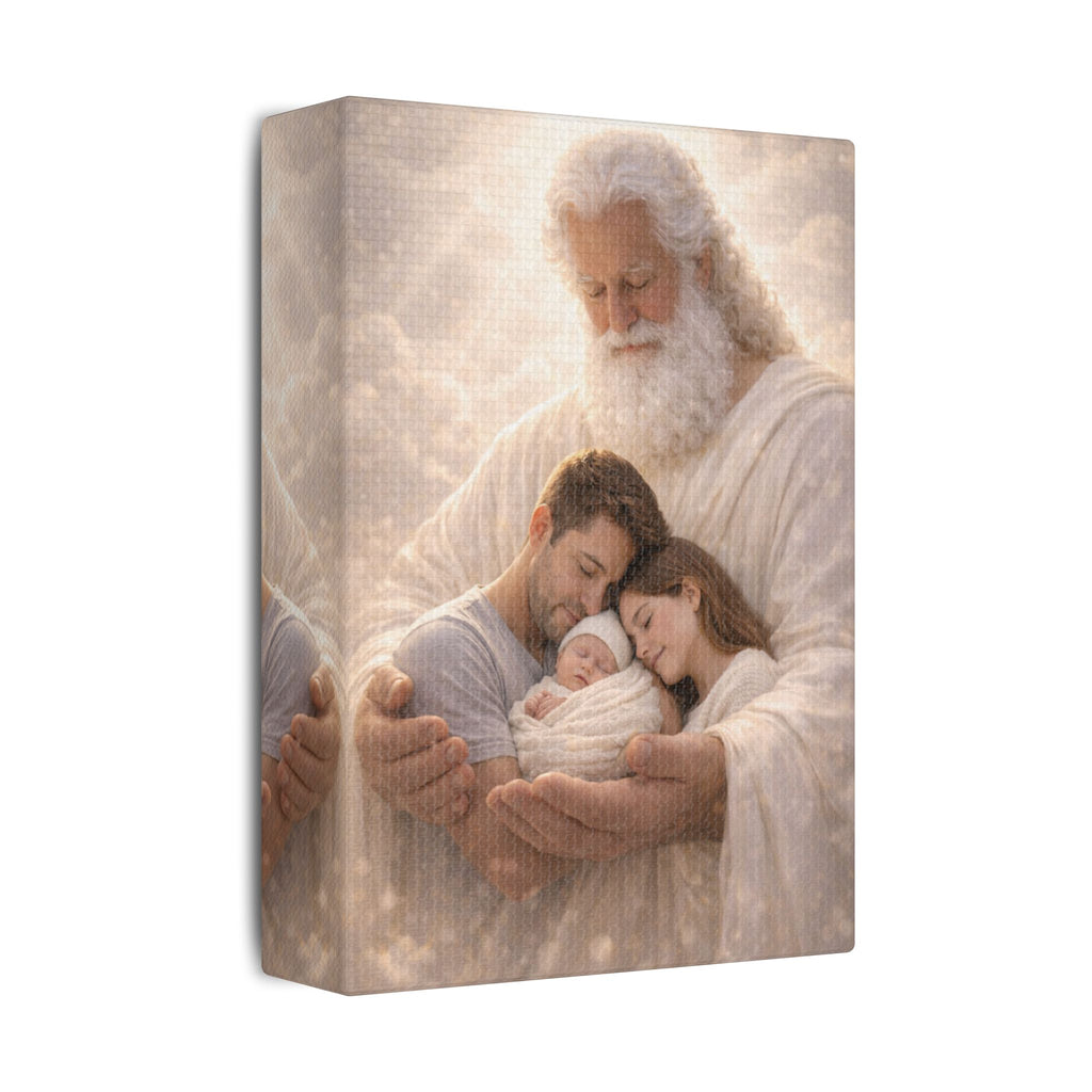 Safely in His Hands Canvas — Family Sleeping in God's Embrace | Christian Family Wall Art