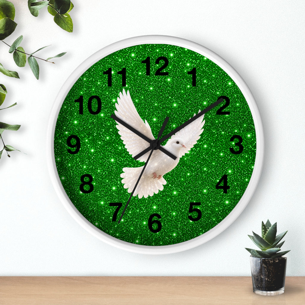 Round wall clock featuring a graceful white dove soaring across a sparkling emerald green background with a wood frame, plexiglass face, and silent quartz movement.
