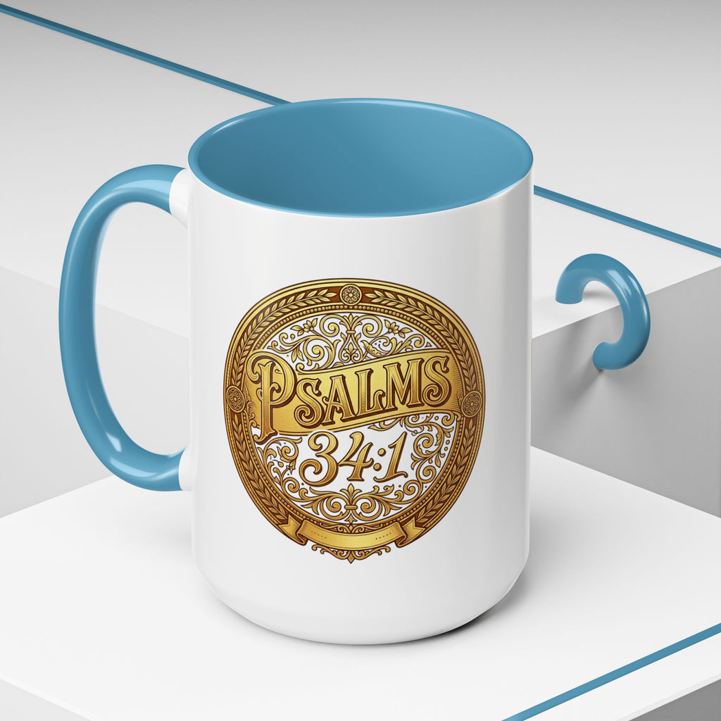 Inspirational Christian ceramic accent coffee mug featuring Psalm 34:1 in an ornate gold medallion design with colorful handle and interior accents.