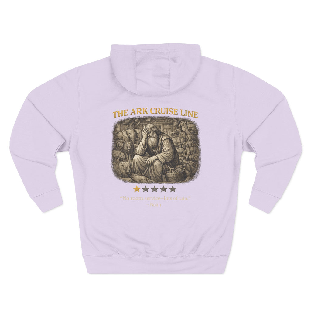 Back view of a light pink hooded sweatshirt featuring “The Ark Cruise Line” in gold lettering above a vintage illustration of Noah surrounded by animals aboard the ark. Below the artwork is a one-star rating and the playful quote, “No room service—lots of rain.” The design combines biblical storytelling with lighthearted humor in the signature Five-Star Faith Series™ style.