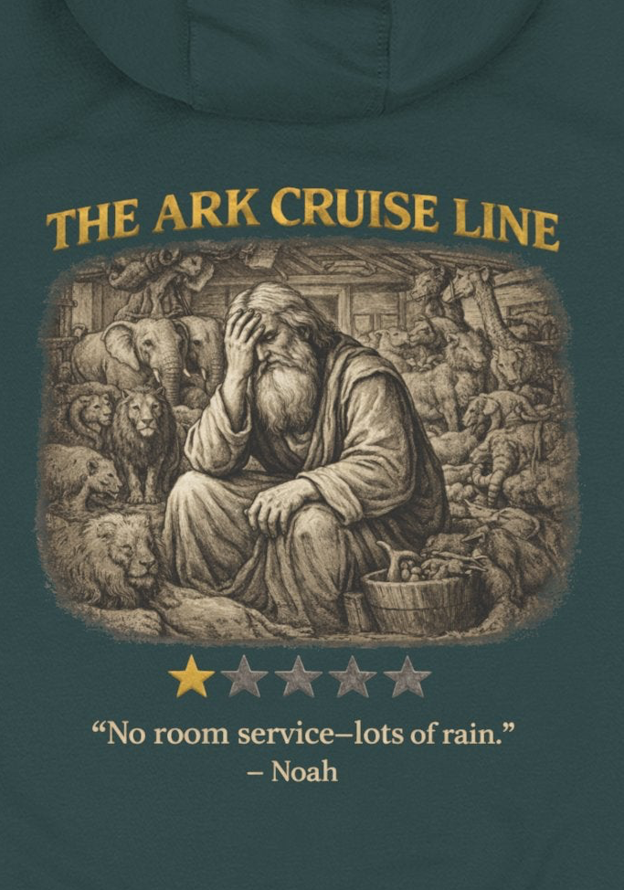 Back view of a green hooded sweatshirt featuring “The Ark Cruise Line” in gold lettering above a vintage illustration of Noah surrounded by animals aboard the ark. Below the artwork is a one-star rating and the playful quote, “No room service—lots of rain.” The design combines biblical storytelling with lighthearted humor in the signature Five-Star Faith Series™ style.