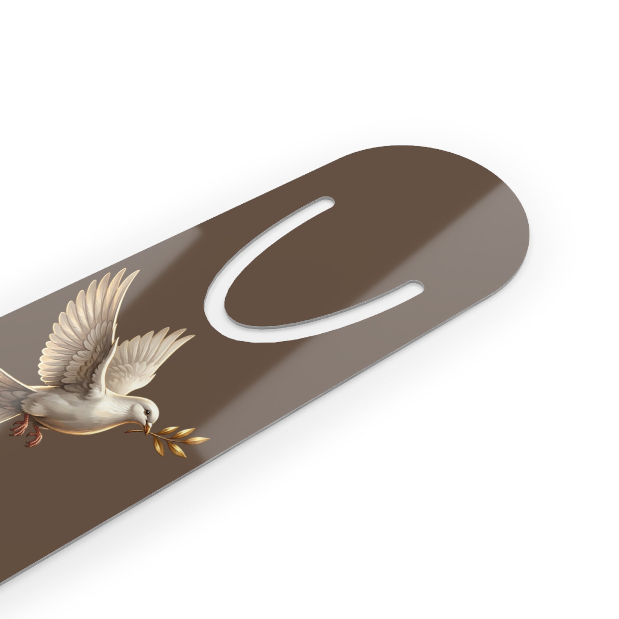 Personalized aluminum bookmark featuring a dove, laurel wreath, and custom monogram on a warm brown background with brushed metal backing and secure page-holding slot.
