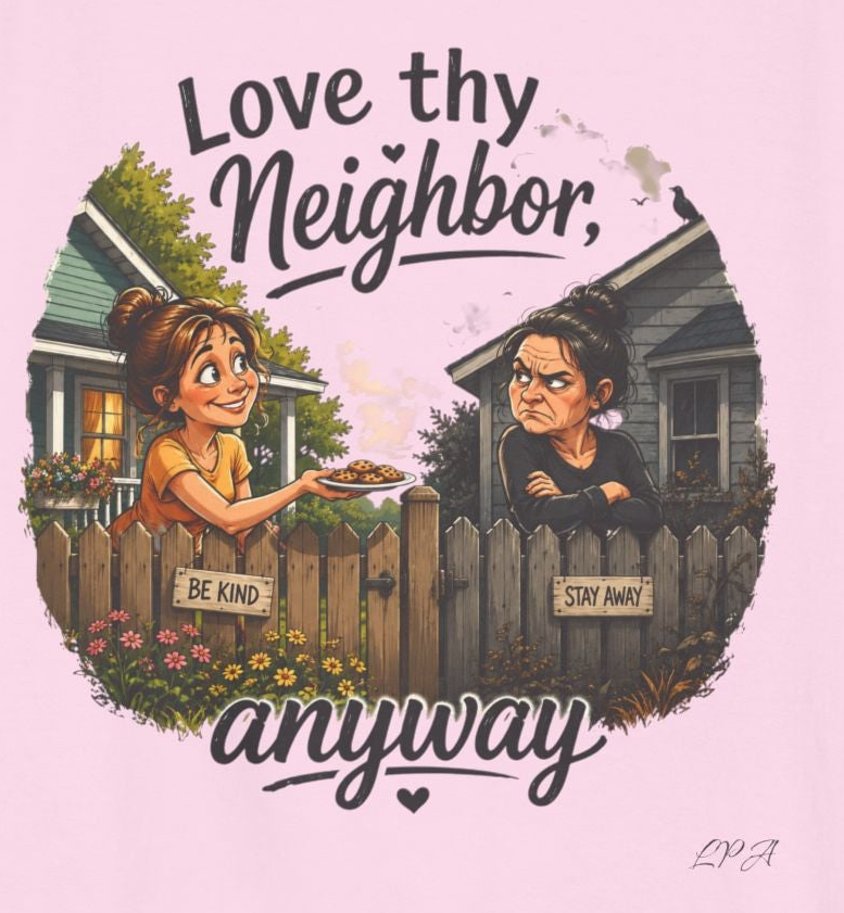 A square graphic print featuring a cartoon illustration of two neighbors separated by a picket fence, with the text 'Love thy Neighbor, anyway' on a light pink background.