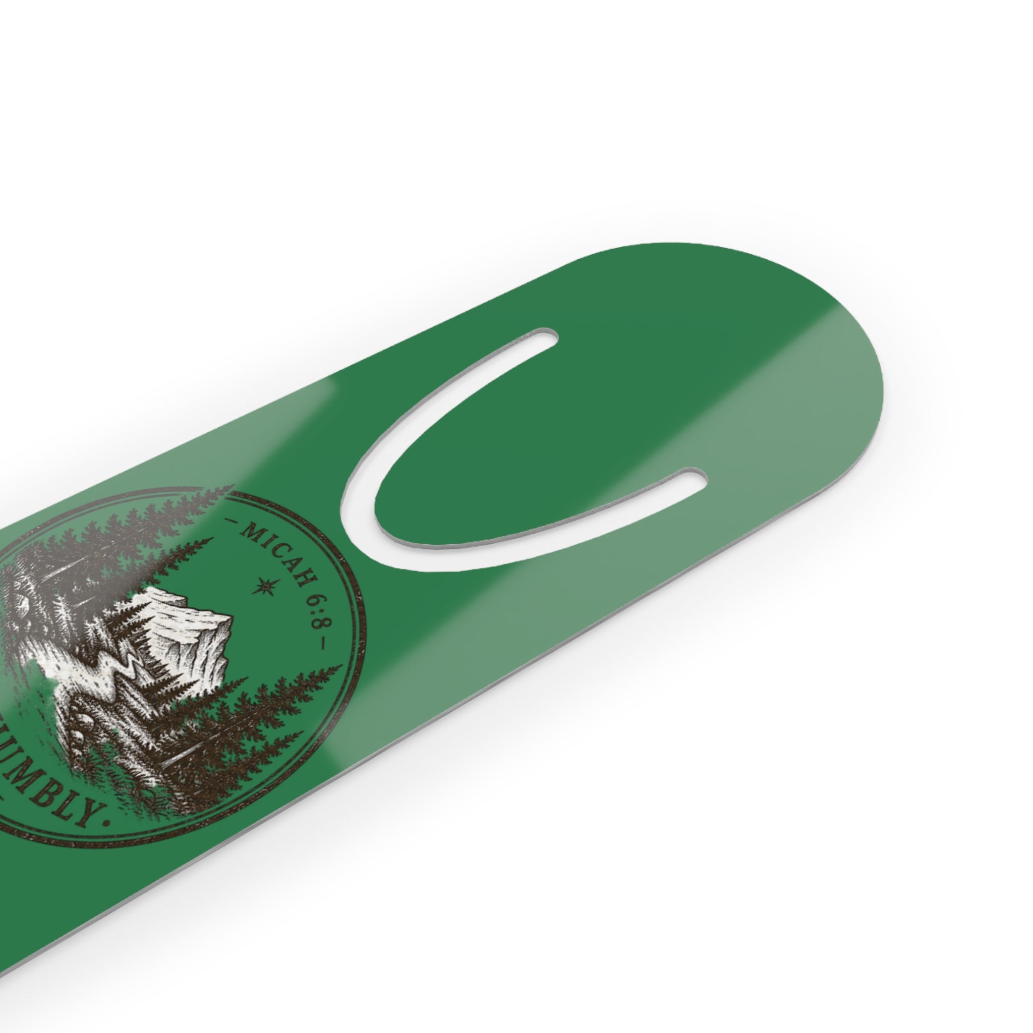 Personalized aluminum bookmark featuring a mountain trail nature emblem with custom name option, brushed metal backing, and secure page-holding slot for books, journals, and devotionals.