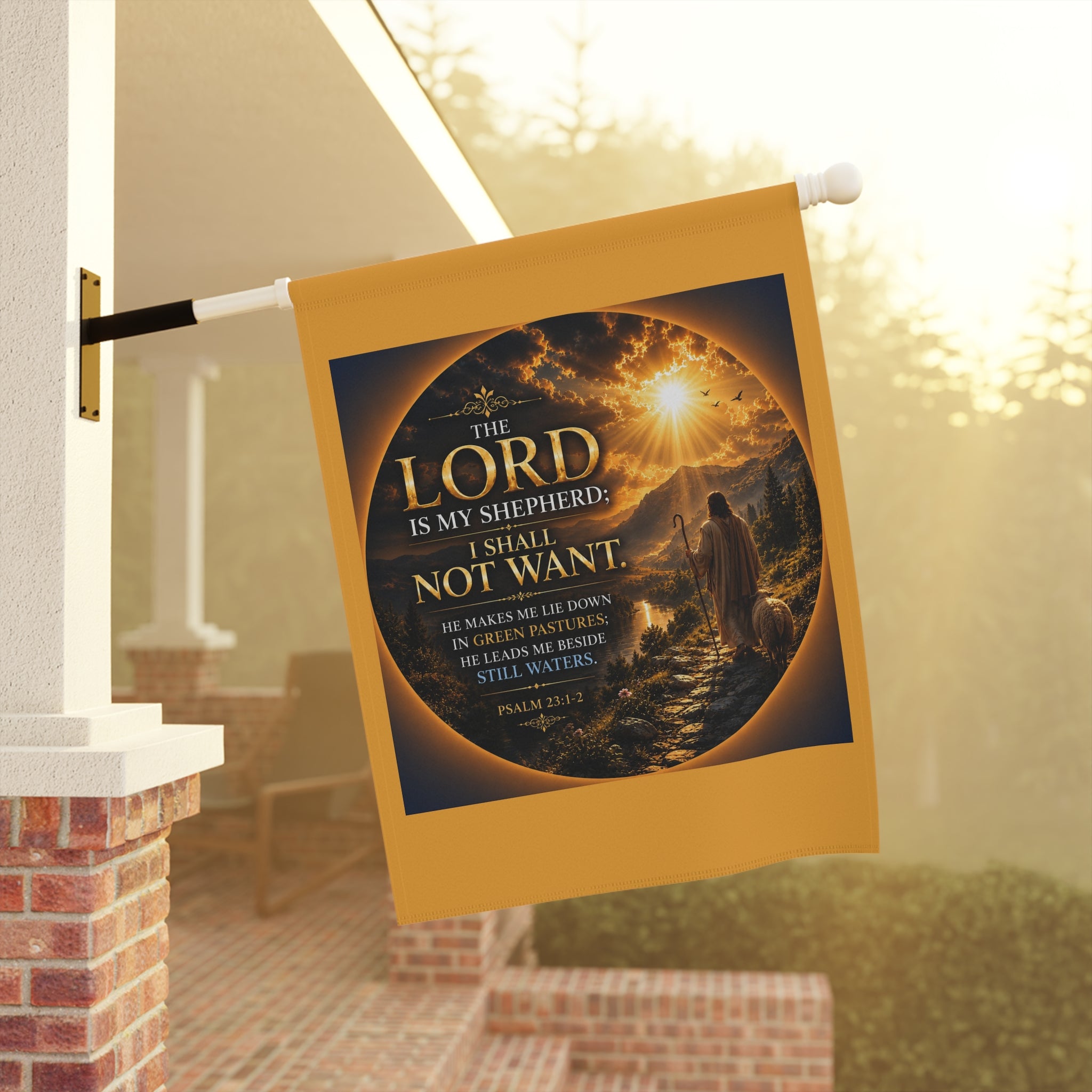 Inspirational Christian garden flag featuring a sunrise shepherd scene with Psalm 23 “The Lord Is My Shepherd” in warm glowing devotional artwork.