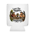 Black neoprene can cooler featuring a humorous "Love Thy Neighbor Anyway" illustration of two neighbors standing on opposite sides of a fence with colorful artwork. one being kind and the other Wanting the neighbor to stay away