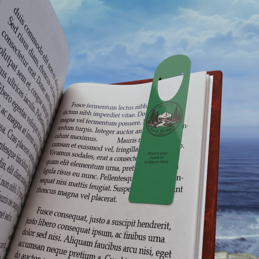 Personalized aluminum bookmark featuring a mountain trail nature emblem with custom name option, brushed metal backing, and secure page-holding slot for books, journals, and devotionals.