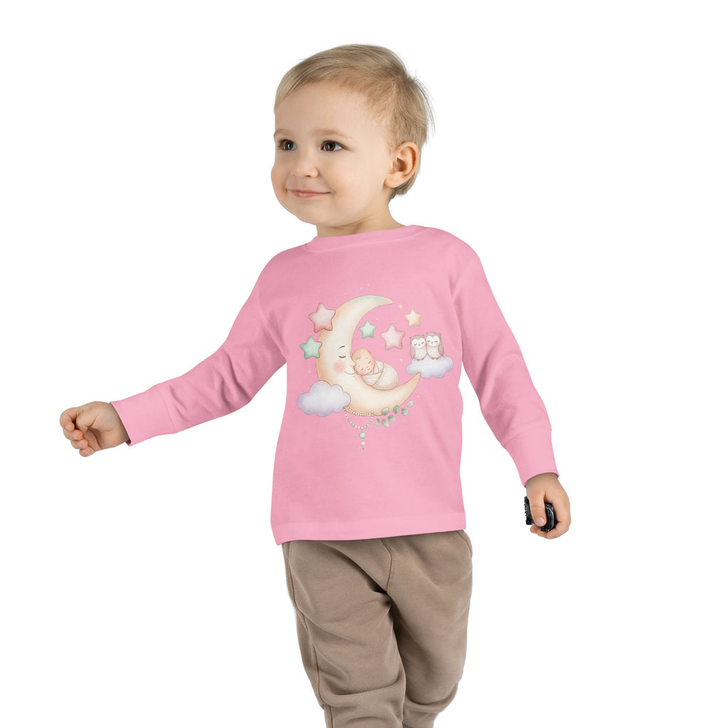 Baby Moon & Owl Toddler Long Sleeve Tee – Pastel Sleepy Moon Nursery Shirt | Cozy Toddler Pajama Style Tee