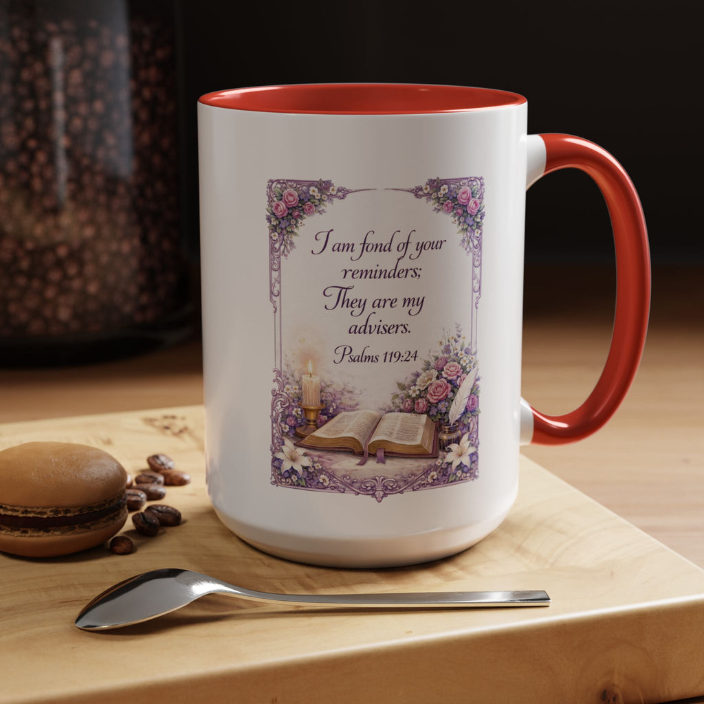 Inspirational Christian ceramic accent coffee mug featuring Psalm 119:24, delicate floral artwork, and the message “I am fond of your reminders” with colorful handle and interior accents.