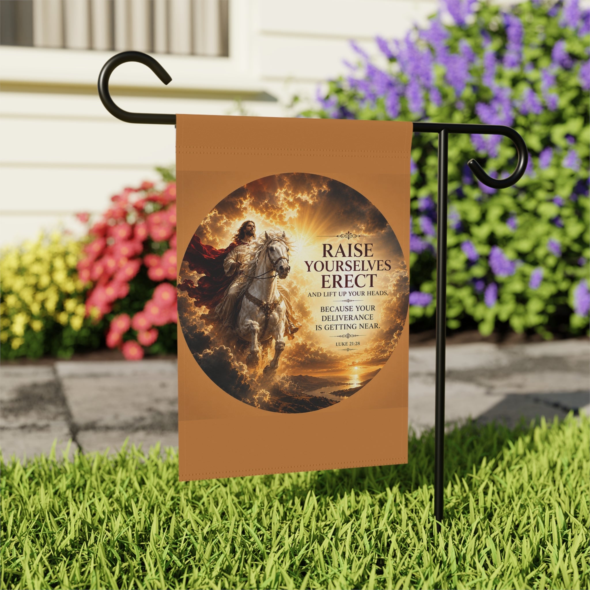 Inspirational Christian garden flag featuring Jesus riding a white horse beneath glowing skies with Luke 21:28 scripture artwork in warm vibrant tones.