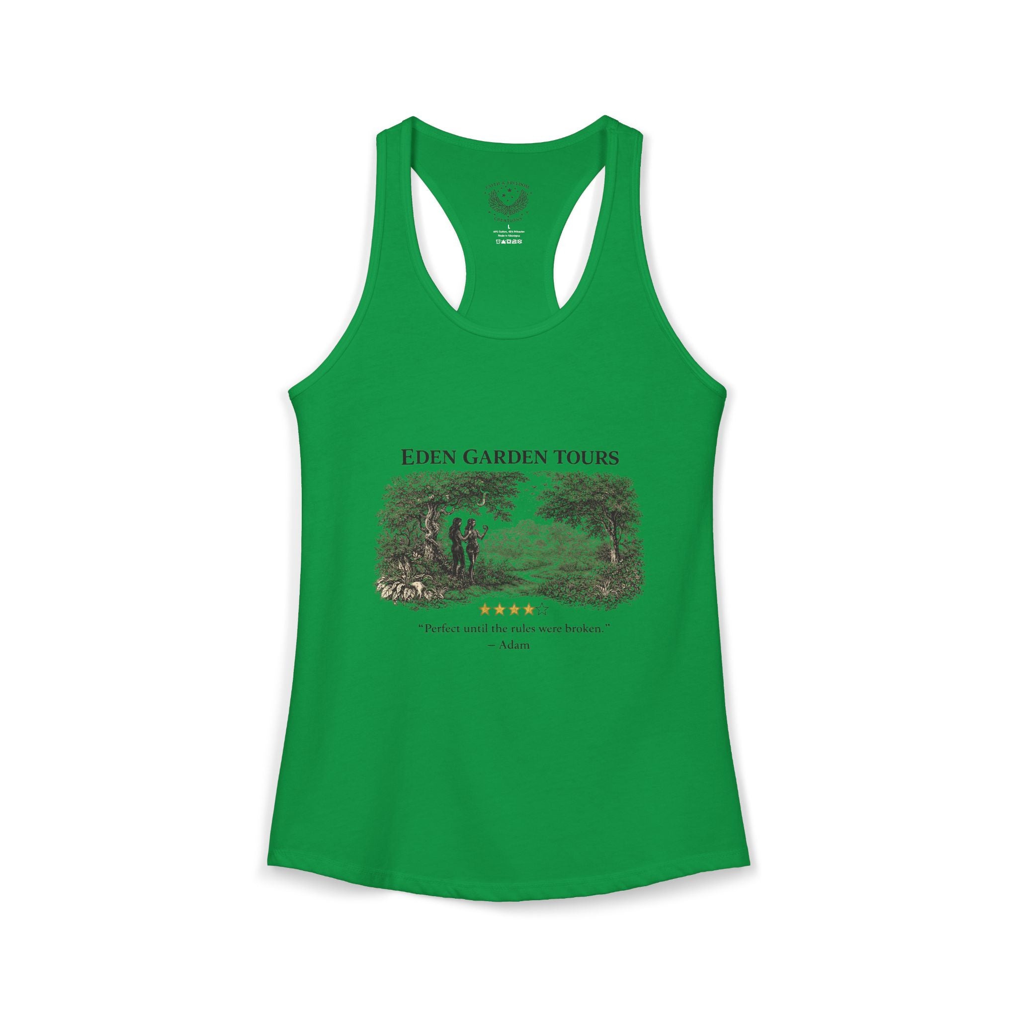 Eden Garden Tours Women's Racerback Tank — 'Adam's Review' Graphic