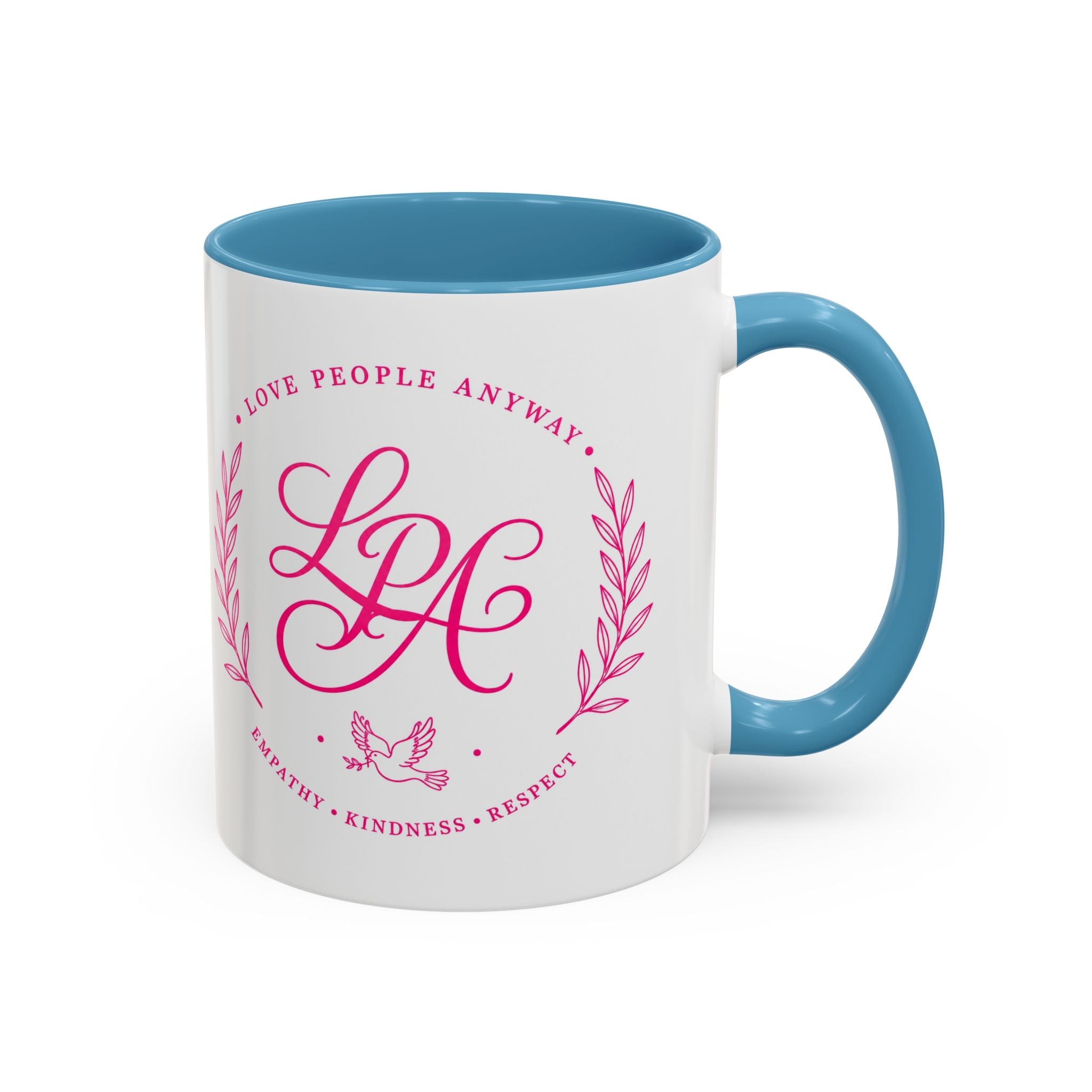 Love People Anyway Coffee Mug | Inspirational Pink Monogram Mug | Faith Freedom Creations