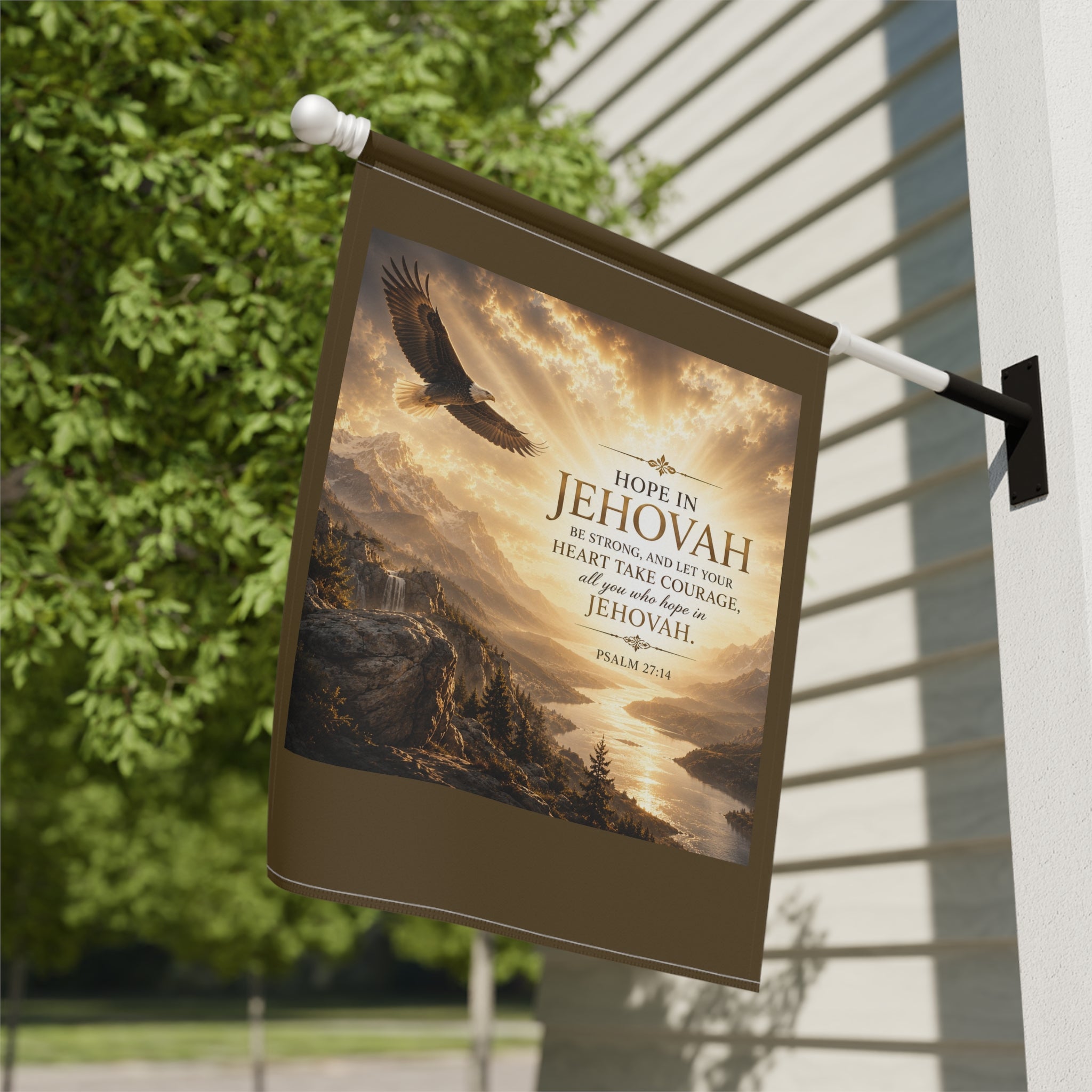 Inspirational Christian garden flag featuring a soaring eagle above a peaceful valley with warm sunset tones inspired by Psalm 27:14 and hope in Jehovah.