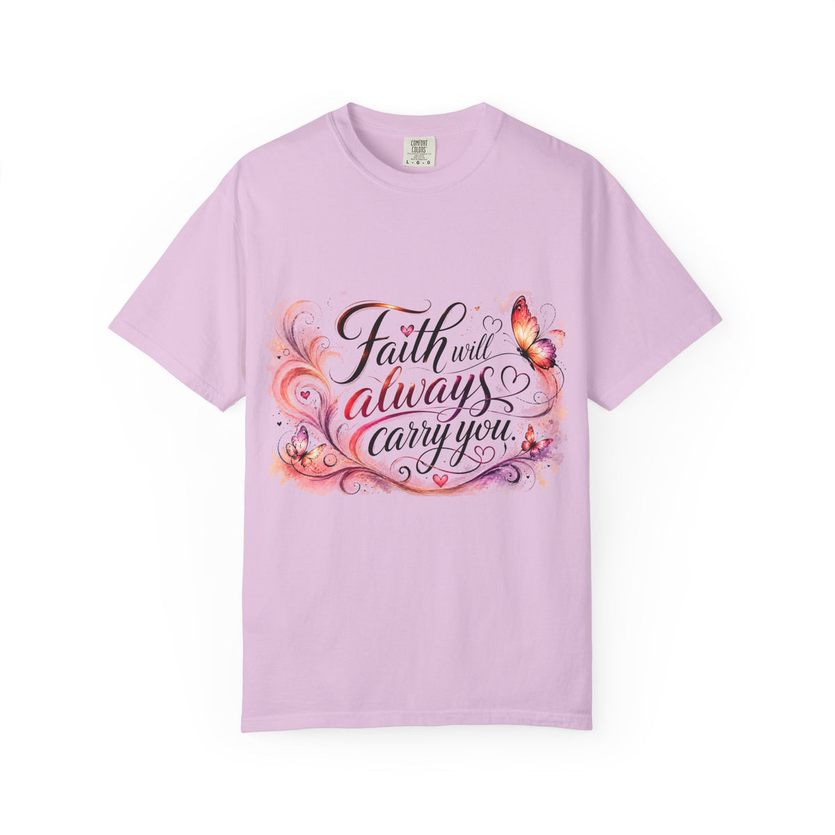 A light purple short-sleeve t-shirt with a graphic on the front that reads 'Faith will always carry you' in black script, decorated with pink and orange butterflies and floral swirls, shown on a plain white background.