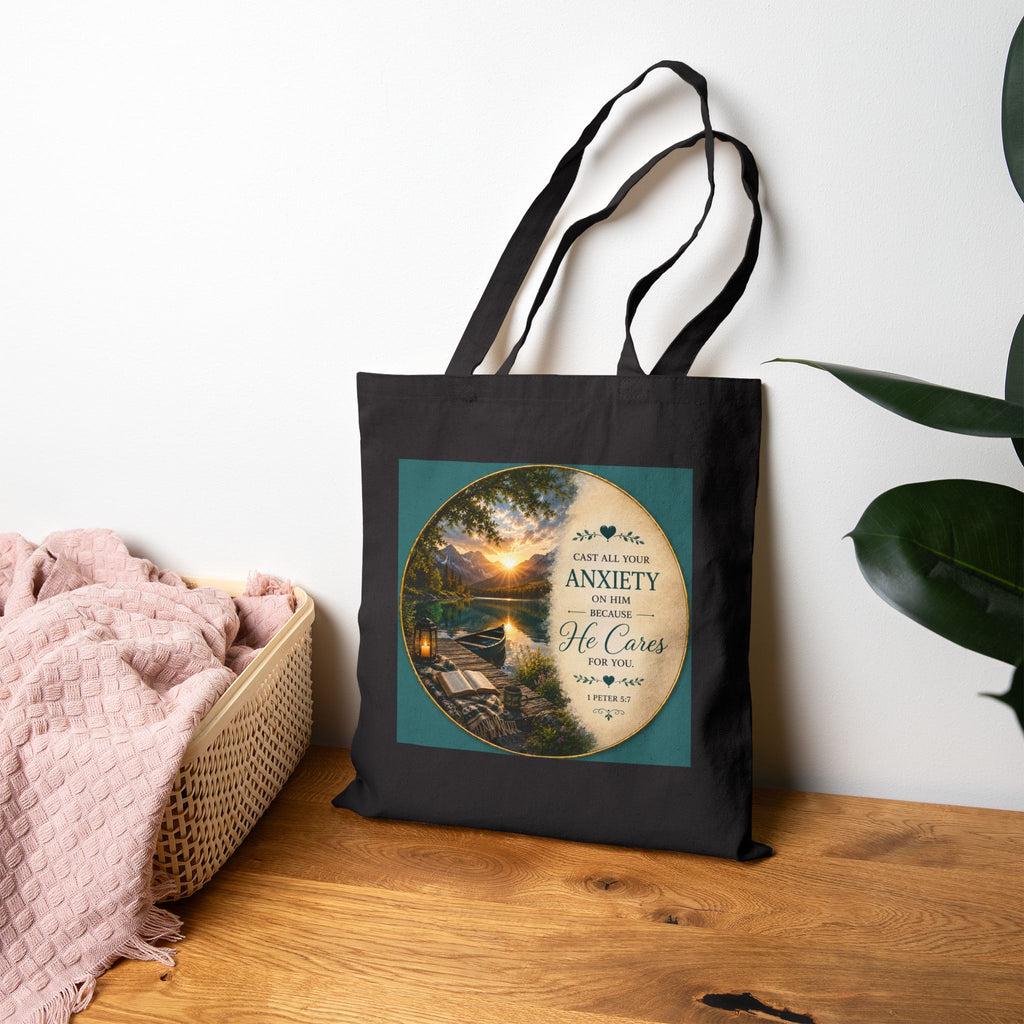 Cast All Your Anxiety Tote Bag | 1 Peter 5:7 Christian Canvas Tote | Inspirational Scripture Bag