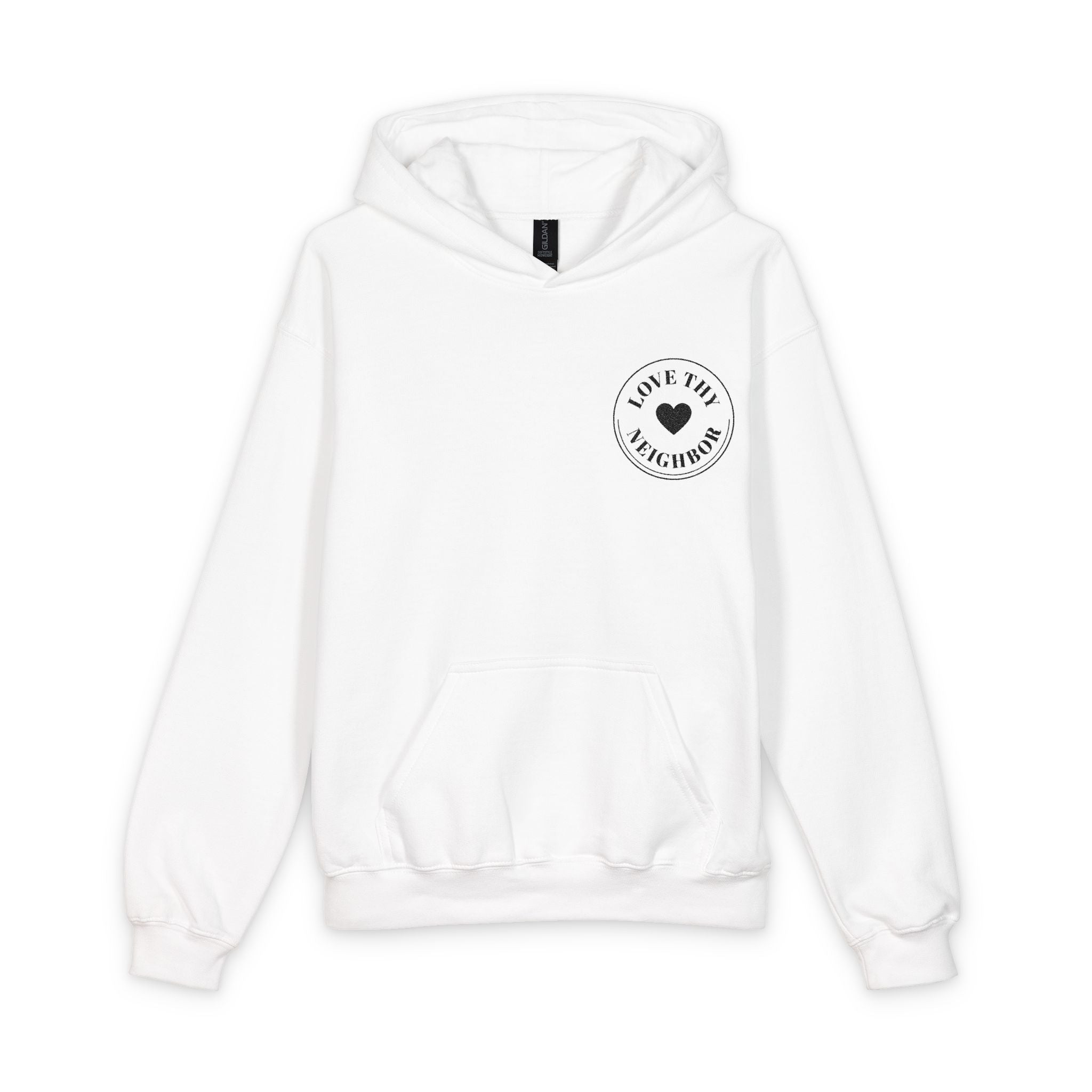 Youth hooded sweatshirt featuring a small heart chest logo with the words "Love Tiny Friendships," classic fit, front pouch pocket, and soft cotton blend.