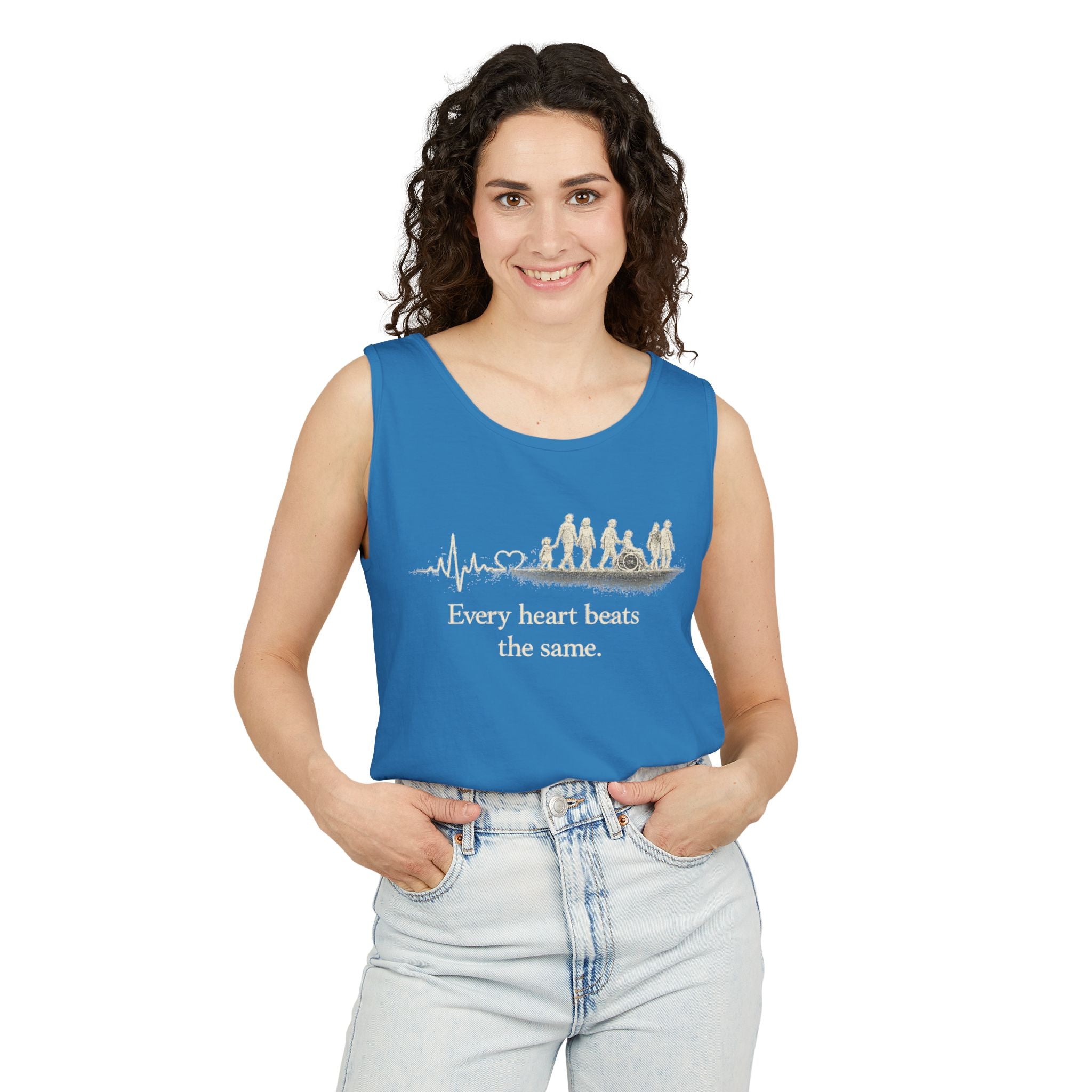 “Every Heart Beats the Same” Vintage Surf Tank Top – Garment-Dyed Coastal Unity Tank