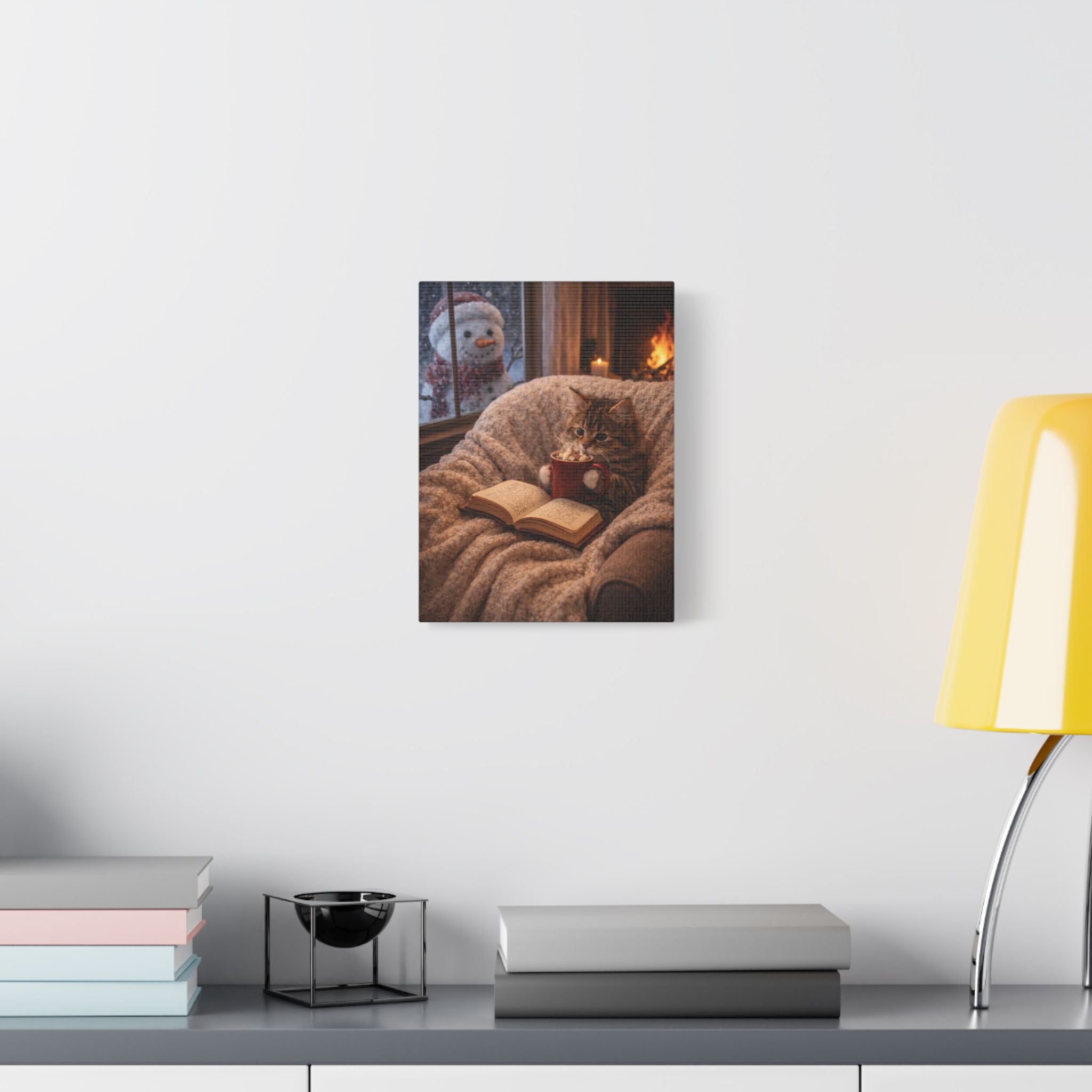 Winter Cat with Mug & Book Canvas — Cozy Cat Wall Art