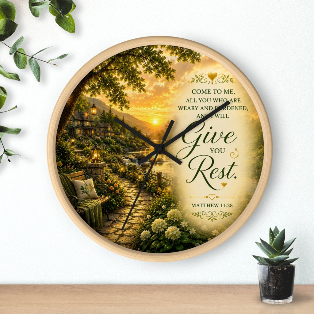 Inspirational Christian wall clock featuring a peaceful cottage garden path at sunset with Matthew 11:28 scripture inviting rest and peace.