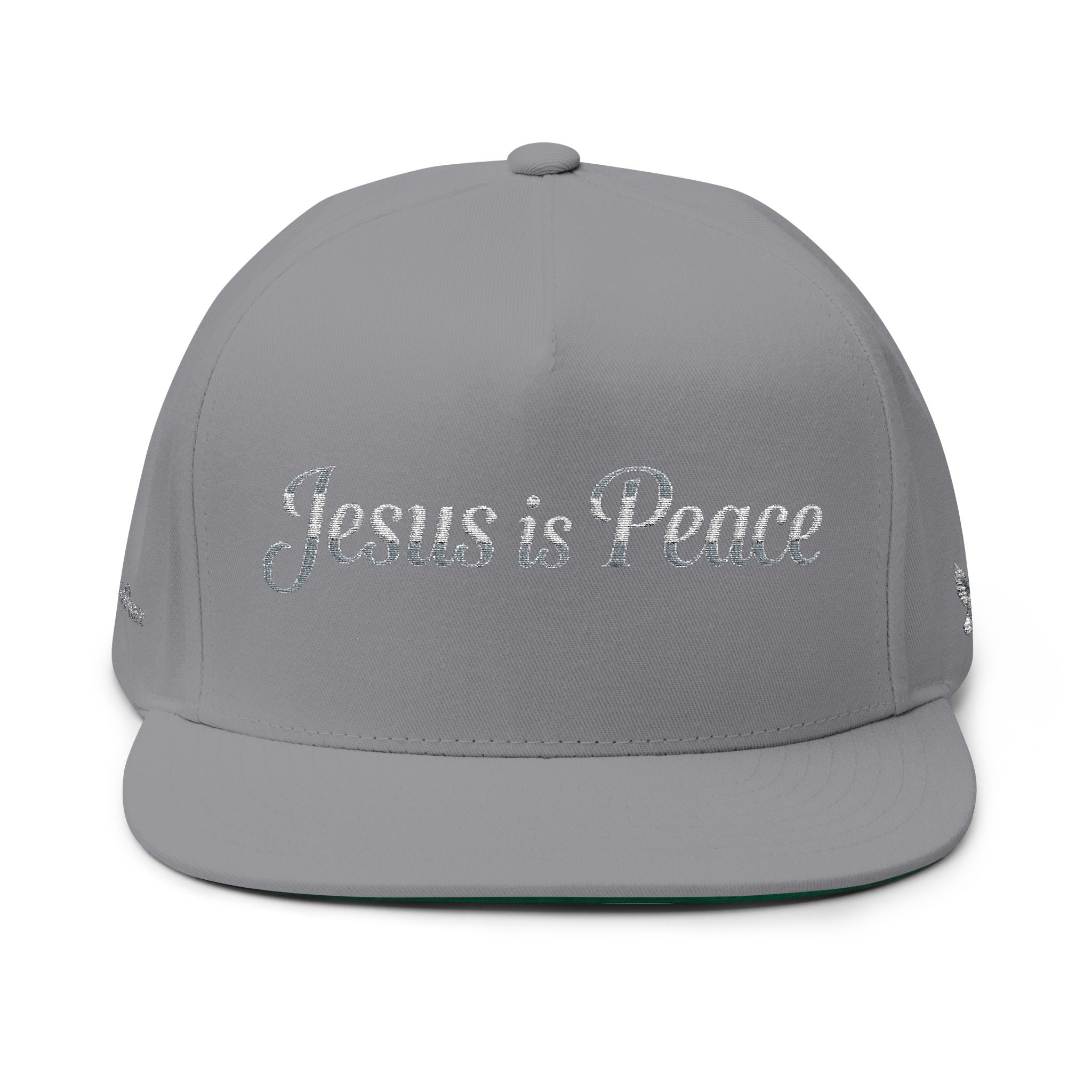 A gray snapback cap with 'Jesus is Peace' embroidered in a light silver cursive font across the front panels, shown against a plain white background.