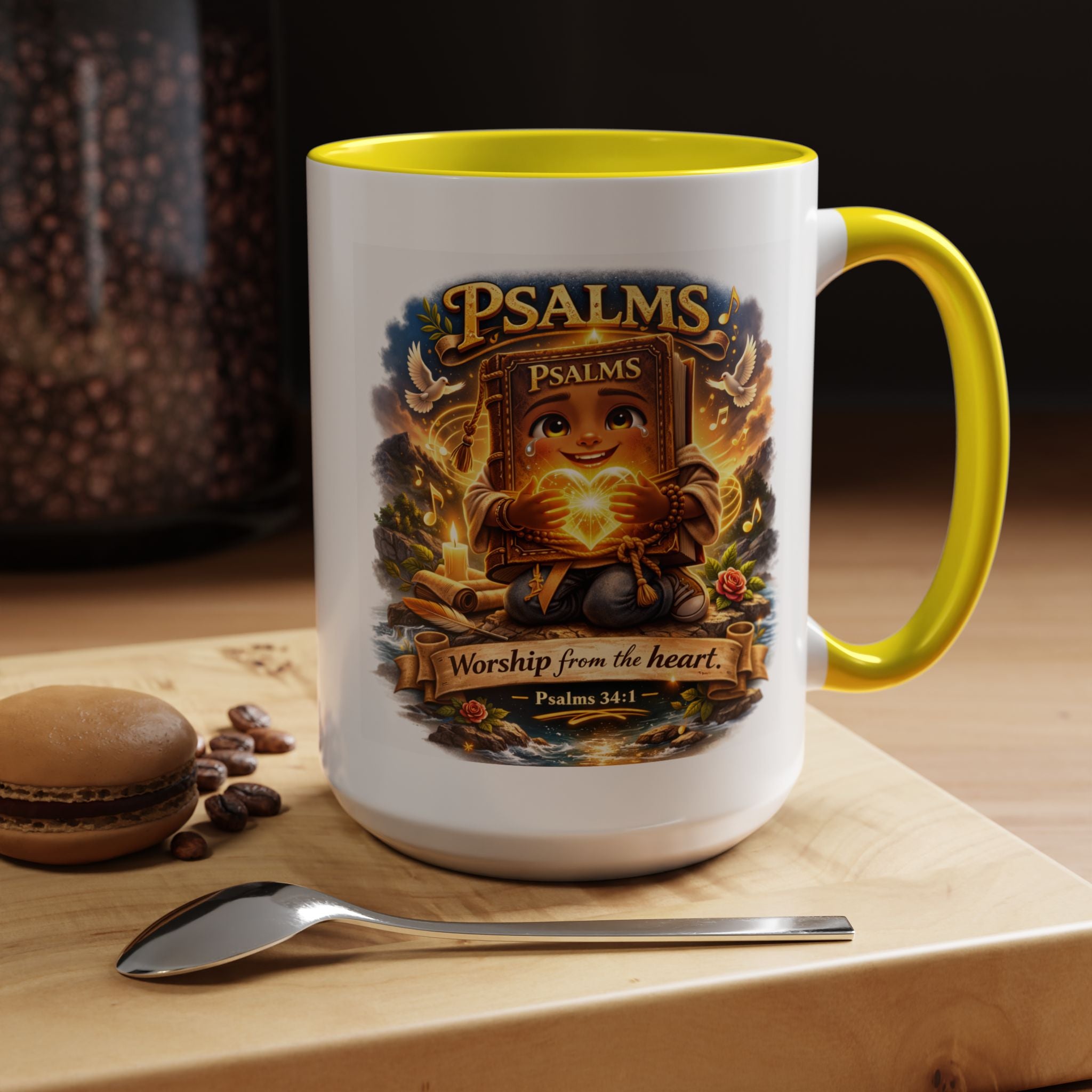 Inspirational Christian ceramic accent coffee mug featuring Psalm 34:1 and the message “Worship From the Heart” with colorful handle and interior accents on a glossy white mug.