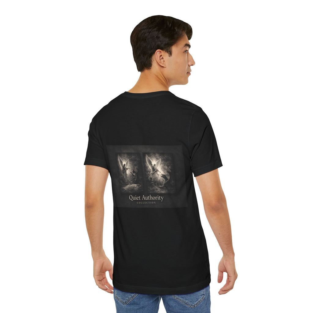 Michael Defeats Satan T-Shirt – Archangel Michael Christian Graphic Tee | Faith Spiritual Apparel