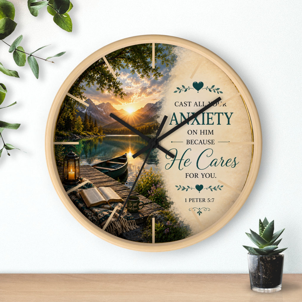 Inspirational Christian wall clock featuring a peaceful lakeside sunrise with a dock, canoe, and 1 Peter 5:7 scripture about casting anxiety on Him.