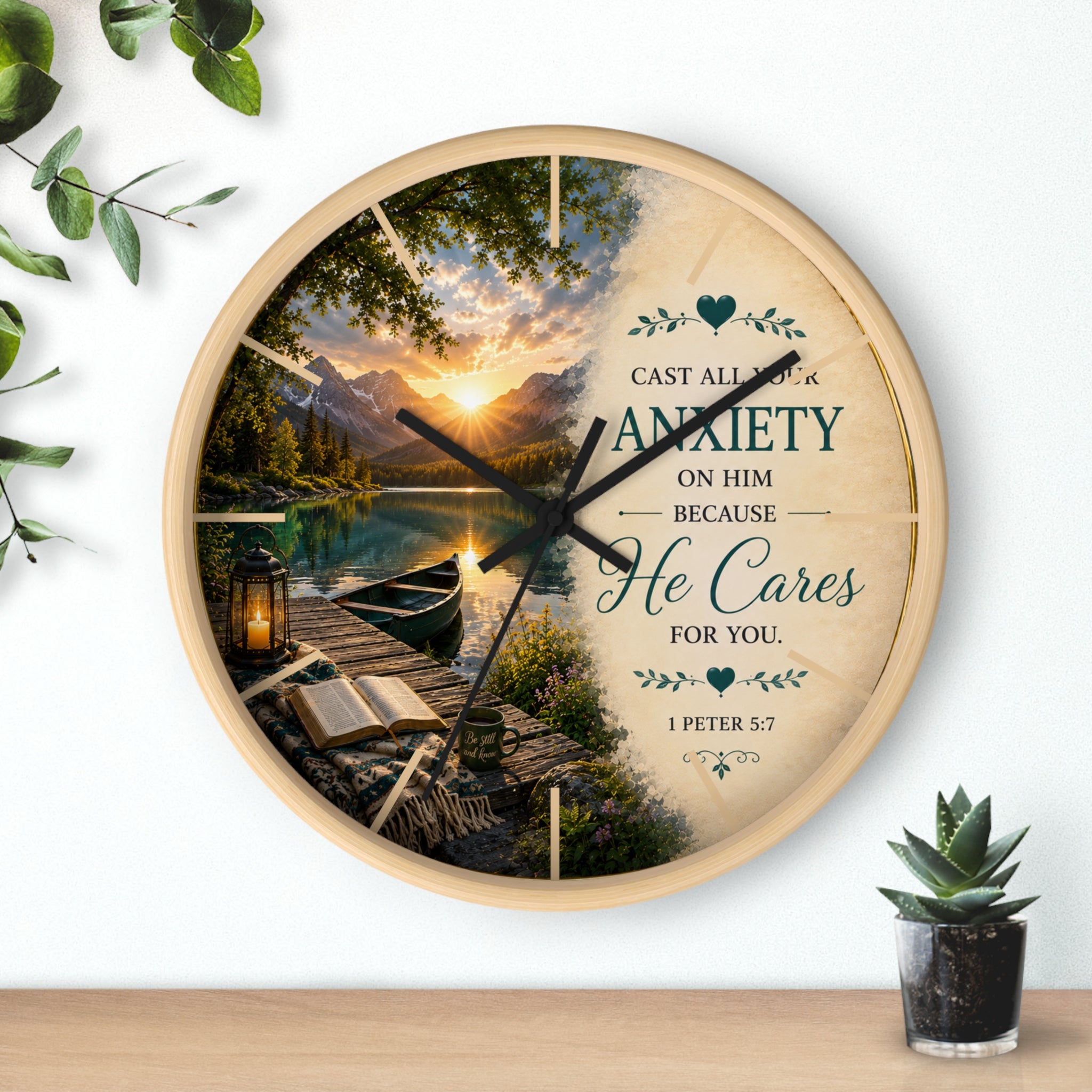 Inspirational Christian wall clock featuring a peaceful lakeside sunrise with a dock, canoe, and 1 Peter 5:7 scripture about casting anxiety on Him.