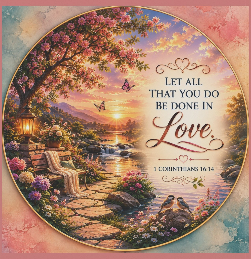 Inspirational Christian garden flag featuring a floral lakeside scene with hydrangeas, a sunlit pathway, and 1 Corinthians 16:14 scripture about love.