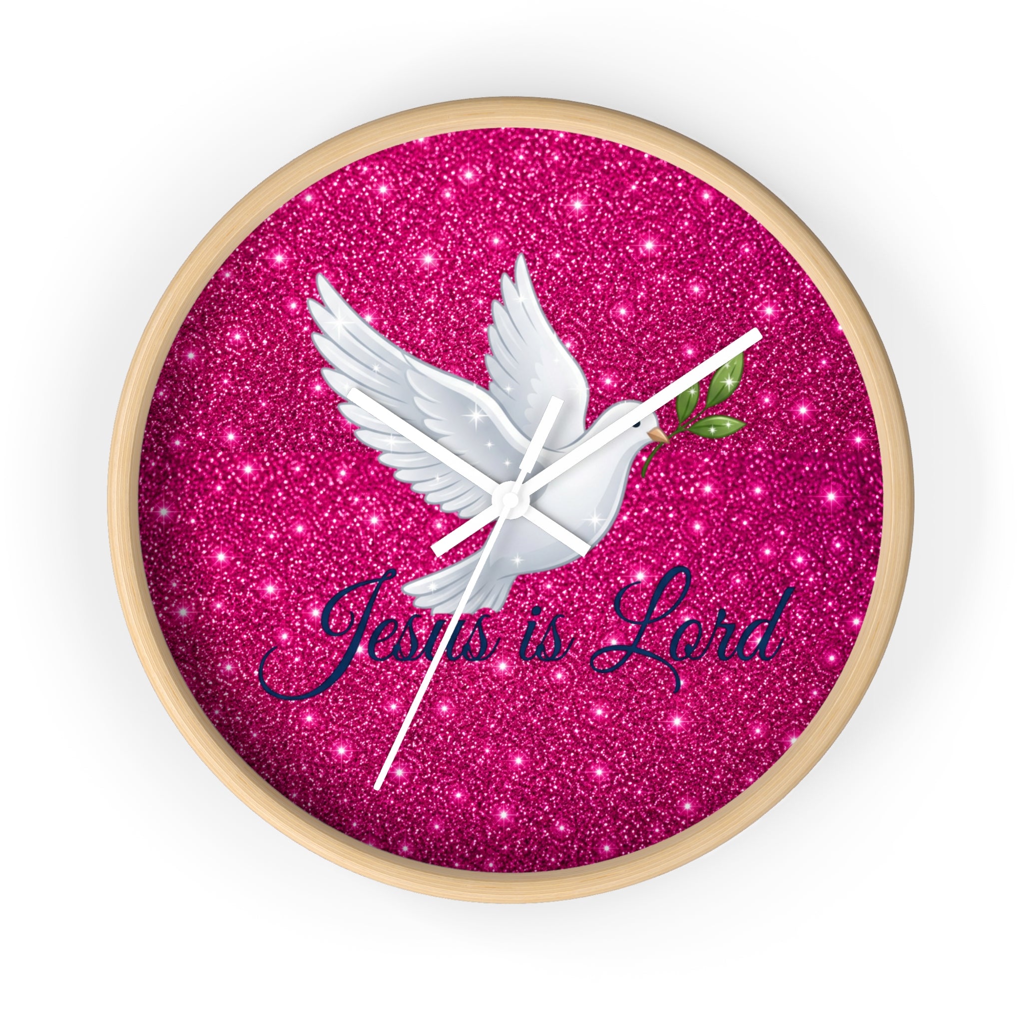 Round wall clock featuring a white dove carrying an olive branch with the words "Jesus Is Lord" on a sparkling pink background, finished with a wood frame and silent quartz movement.