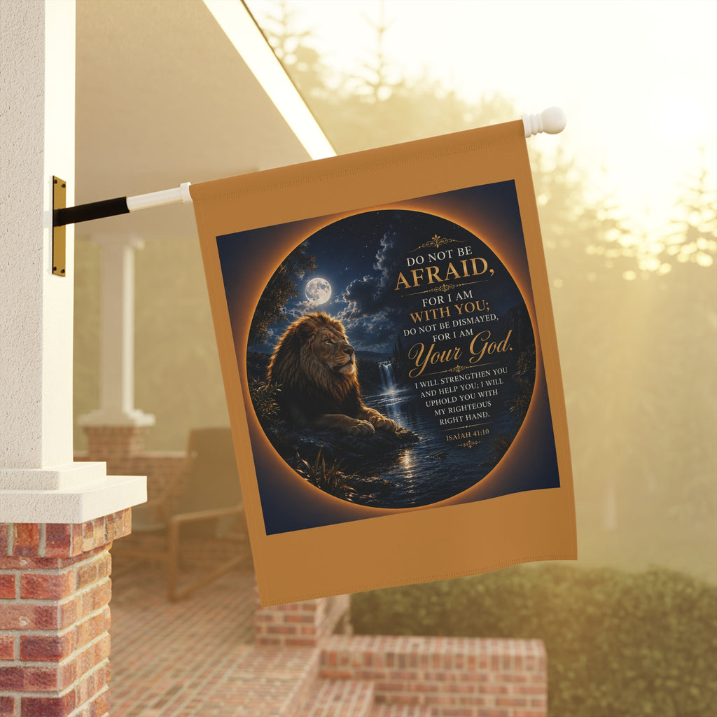 Inspirational Christian garden flag featuring a majestic lion resting beside moonlit water with the scripture “Do Not Be Afraid, For I Am With You” in elegant lettering.