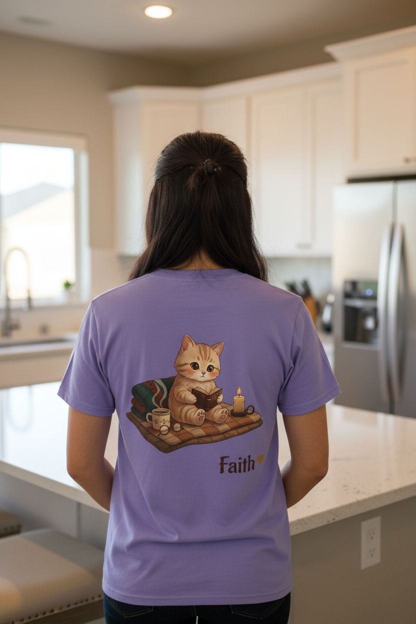 Cozy Cat Prayer T-Shirt — Faith Heart Cat Tee | Christian Cat Lover Shirt