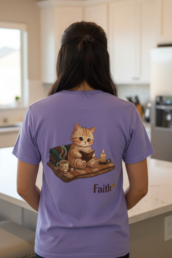 Cozy Cat Prayer T-Shirt — Faith Heart Cat Tee | Christian Cat Lover Shirt