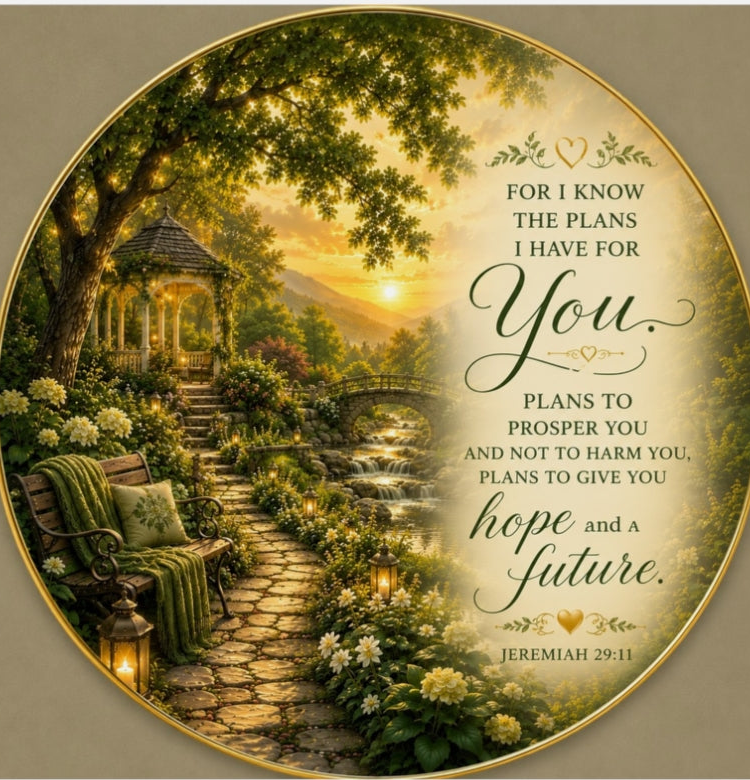 Christian die-cut magnet featuring Jeremiah 29:11 with a peaceful garden path, gazebo, lanterns, blooming flowers, and a golden sunrise illustrating God's promise of hope and a future.