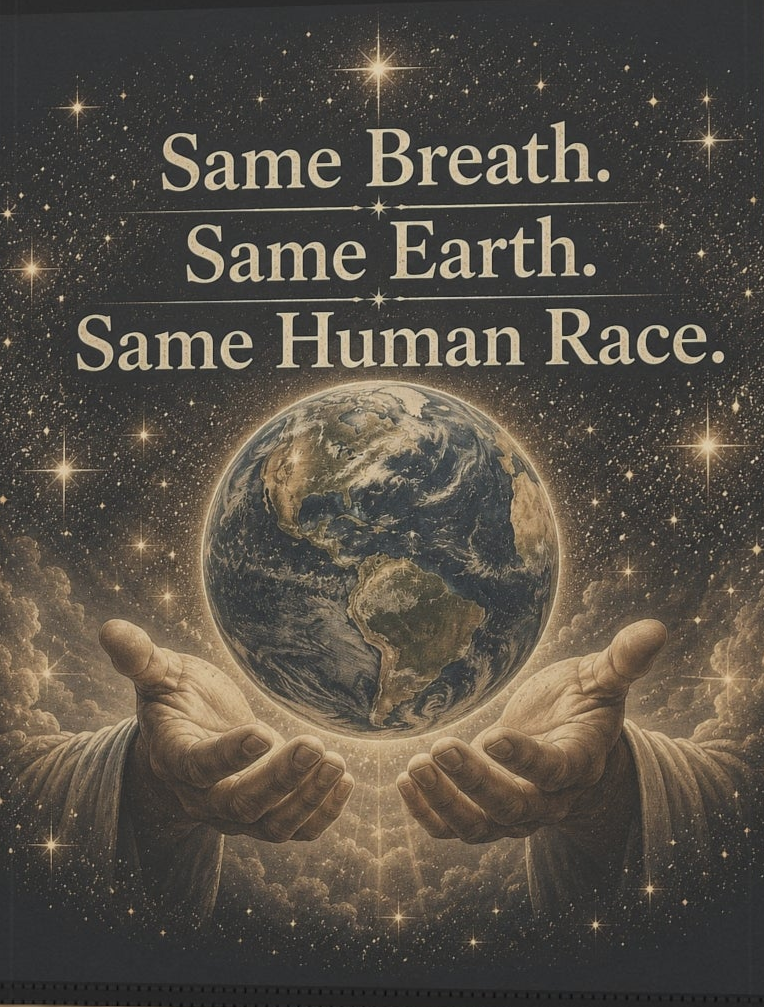 Two hands holding the Earth with a cosmic background and text 'Same Breath. Same Earth. Same Human Race.'