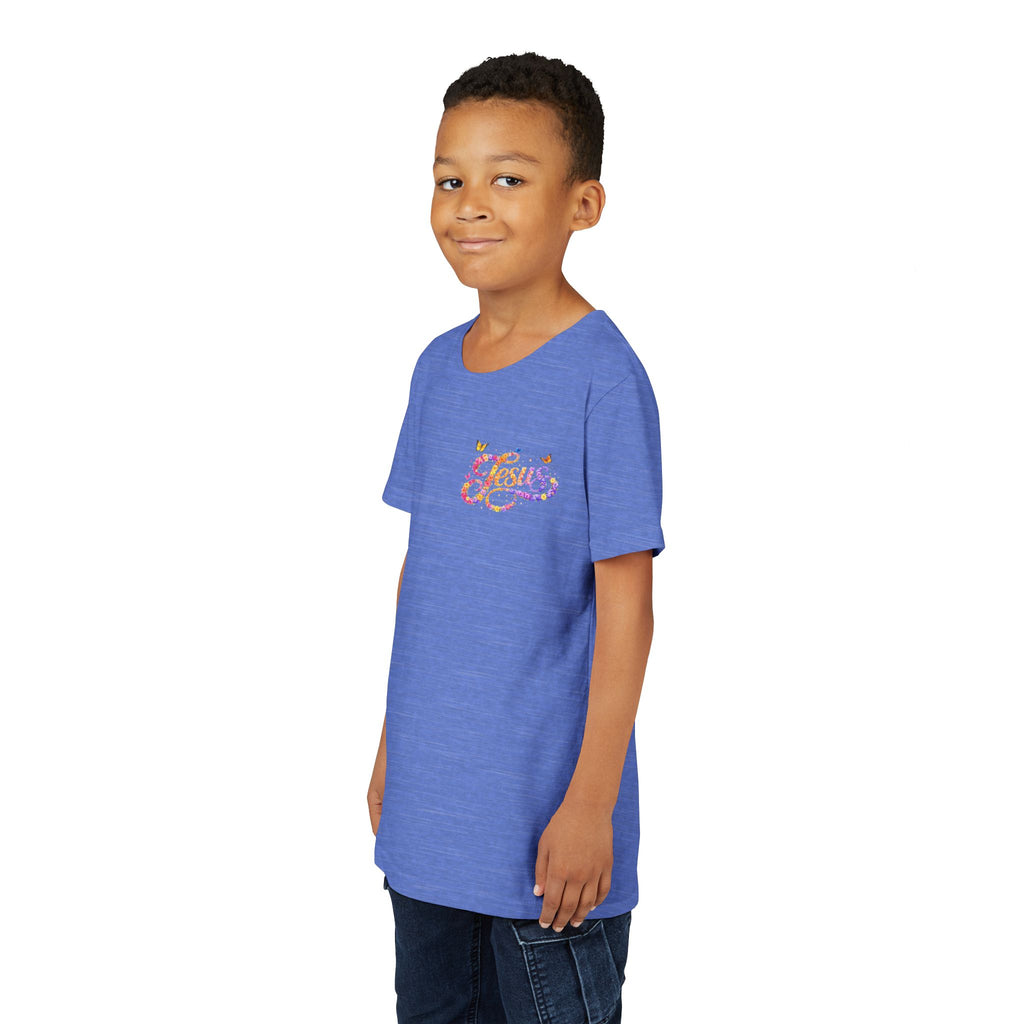 Youth Jesus Floral Script T-Shirt – Butterfly Christian Kids Tee | Faith Youth Shirt