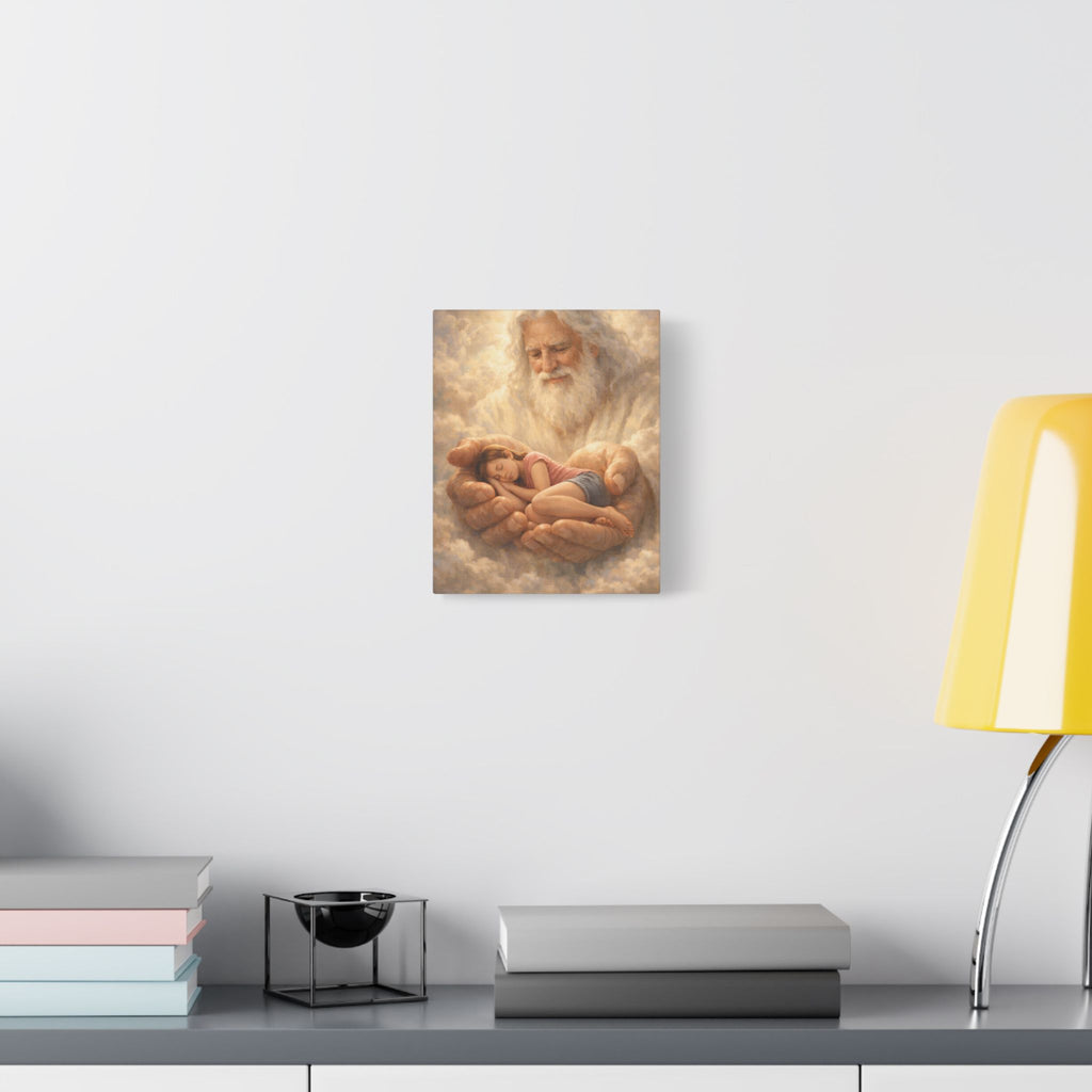 Safely in His Hands Canvas — Teen Girl Sleeping in God's Embrace | Christian Faith Wall Art