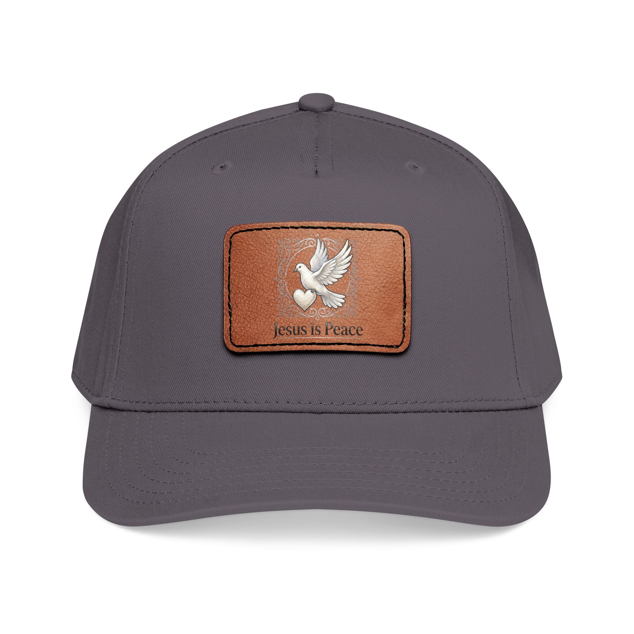 Gray Christian baseball cap featuring a brown leather patch with a white dove carrying a heart and the words "Jesus Is Peace."