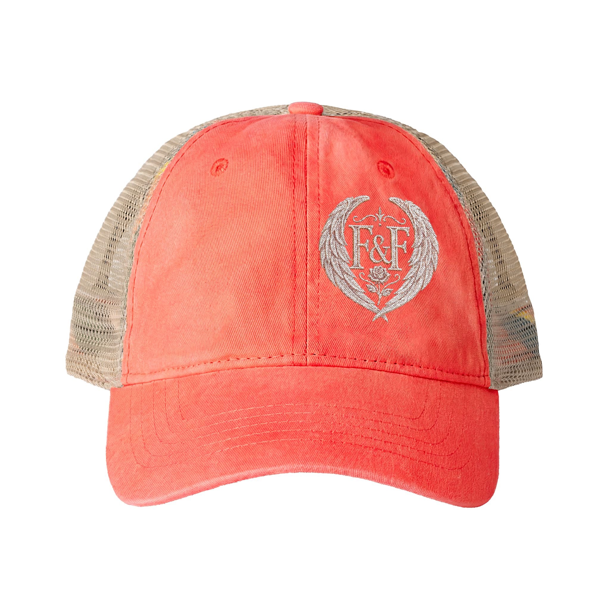 Women’s washed mesh-back cap featuring the Faith & Freedom logo with vintage styling, breathable mesh panels, and concealed ponytail opening.